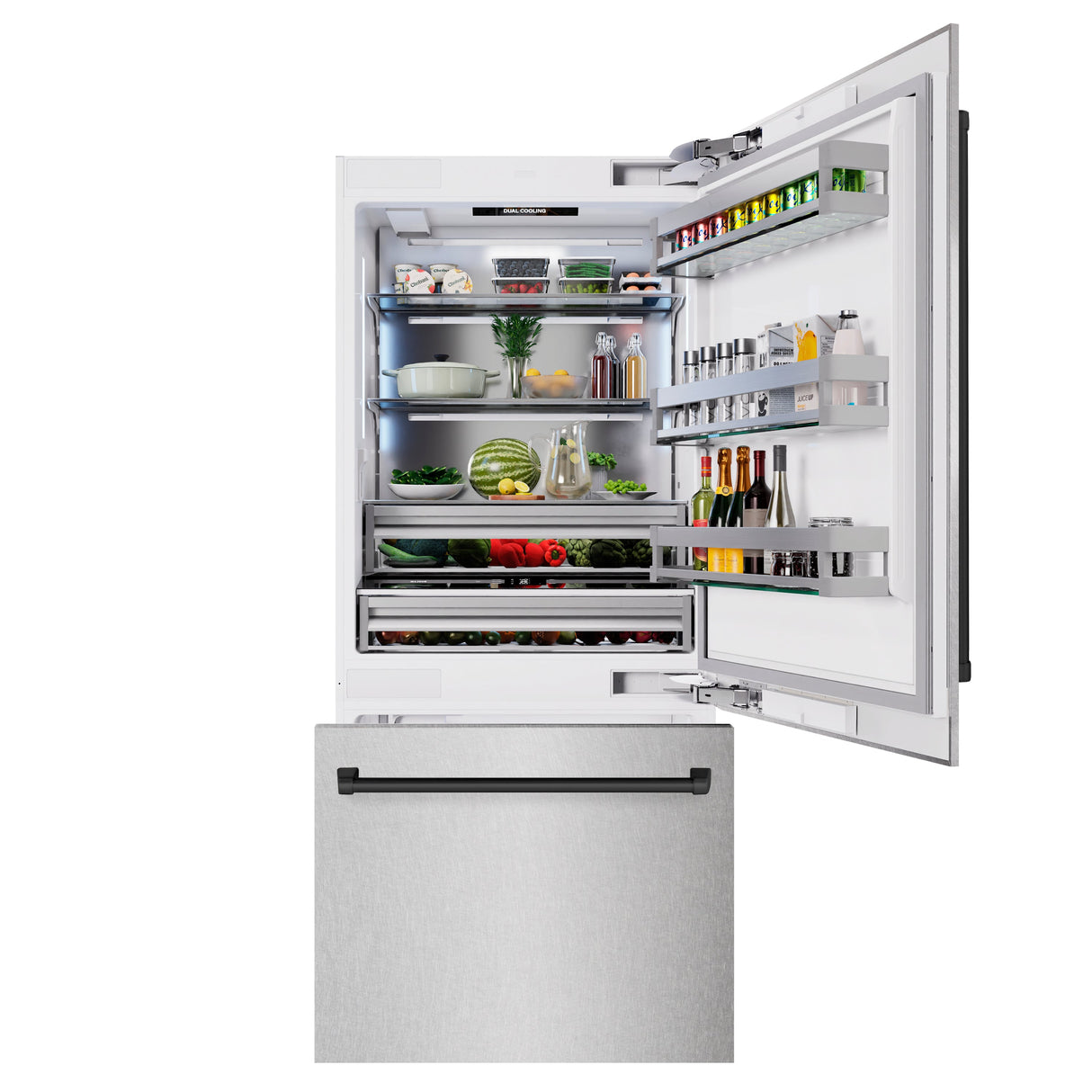 ZLINE Autograph Edition 36 in. 19.8 cu. ft. Built-In Bottom Freezer Refrigerator with Water Dispenser and Ice Maker in Satin Stainless Steel and Matte Black Accents (RBITZ-SN-36-MB)