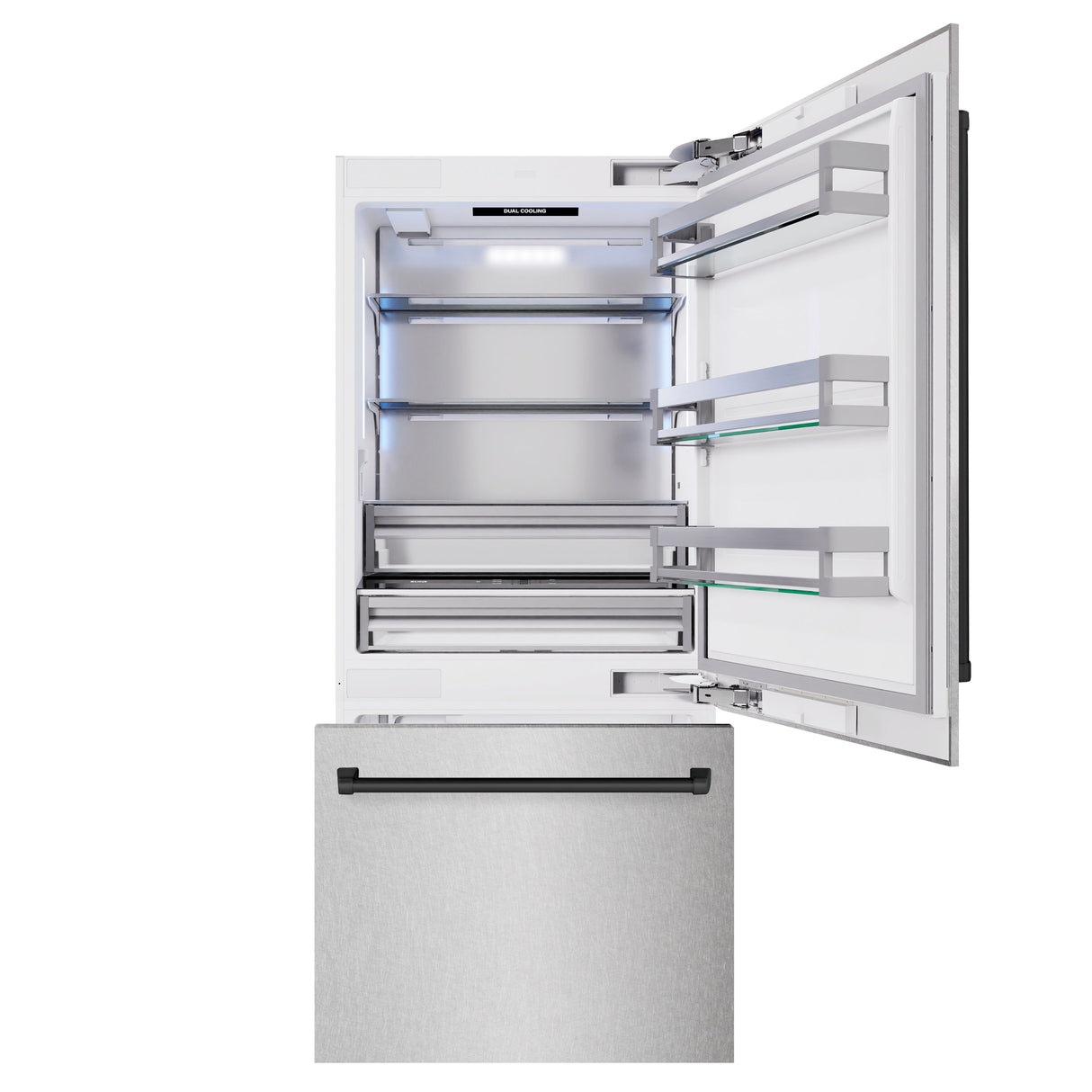 ZLINE Autograph Edition 36 in. 19.8 cu. ft. Built-In Bottom Freezer Refrigerator with Water Dispenser and Ice Maker in Satin Stainless Steel and Matte Black Accents (RBITZ-SN-36-MB)