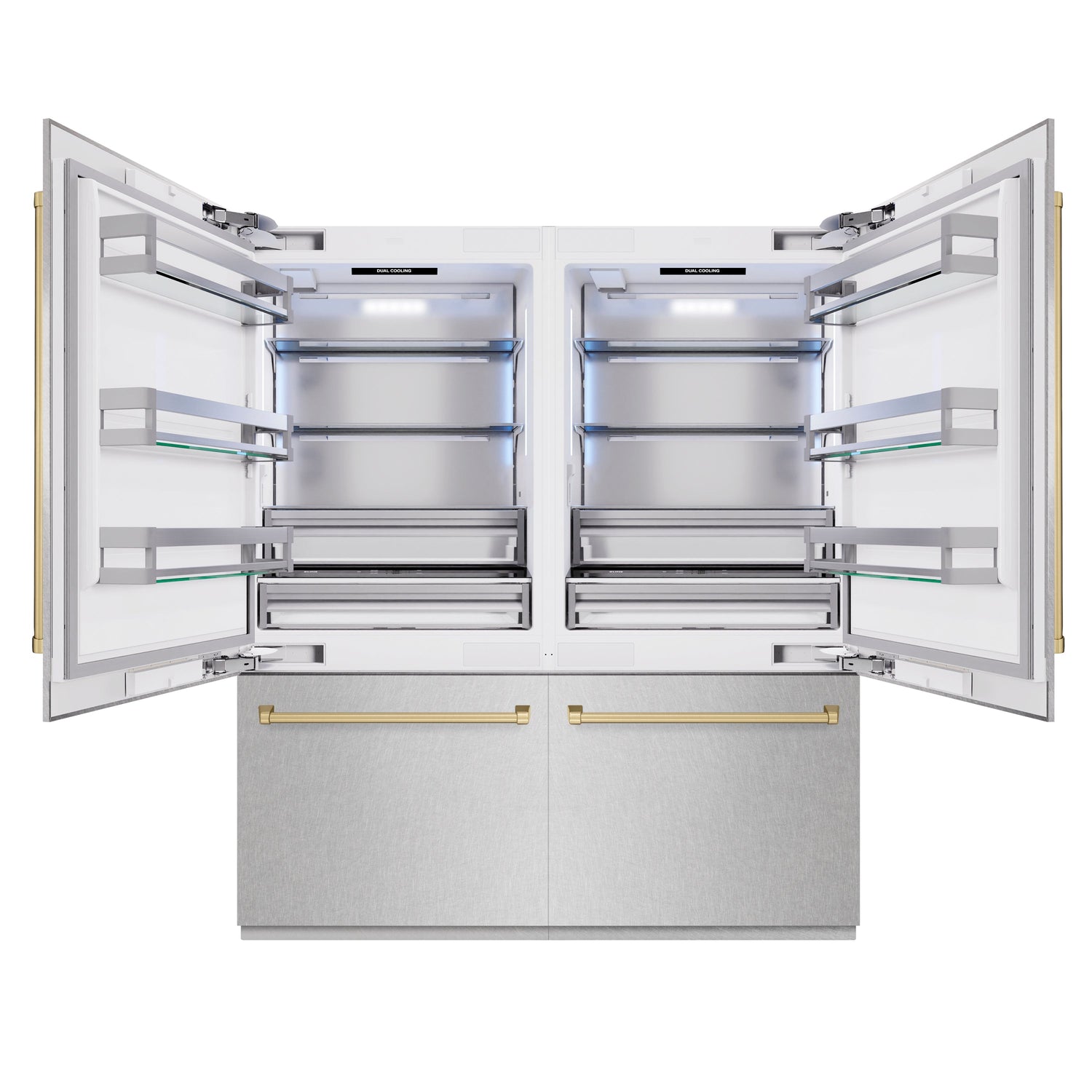 ZLINE Autograph Edition 72 in. 39.6 cu. ft. French Door Built-In Bottom Freezer Refrigerator with Water Dispensers and Ice Makers in Satin Stainless Steel and Champagne Bronze Accents (RBITZ-SN-72-CB)
