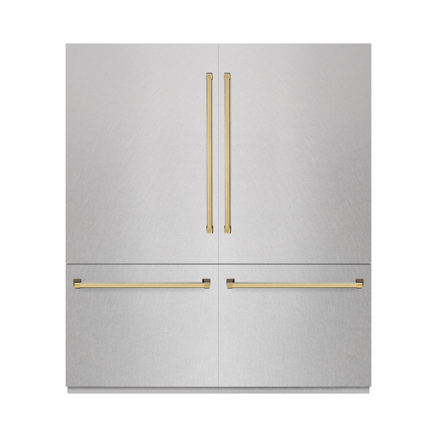 ZLINE Autograph Edition 72 in. 39.6 cu. ft. French Door Built-In Bottom Freezer Refrigerator with Water Dispensers and Ice Makers in Satin Stainless Steel and Polished Gold Accents (RBITZ-SN-72-G)