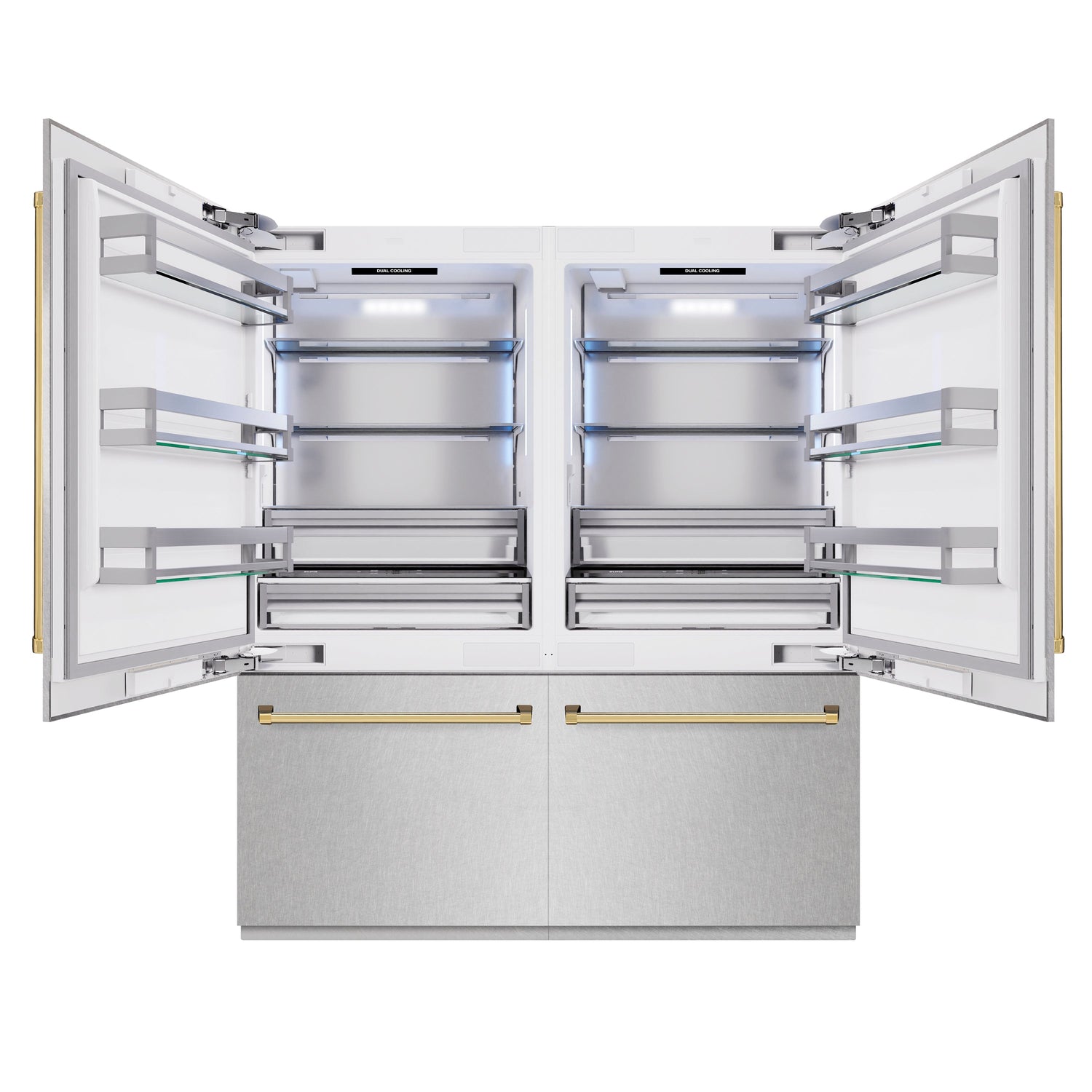 ZLINE Autograph Edition 72 in. 39.6 cu. ft. French Door Built-In Bottom Freezer Refrigerator with Water Dispensers and Ice Makers in Satin Stainless Steel and Polished Gold Accents (RBITZ-SN-72-G)