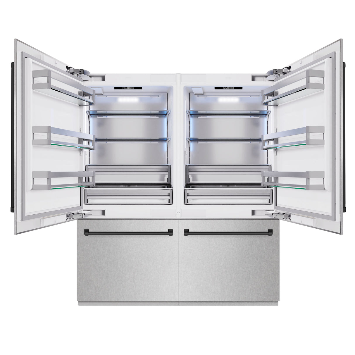 ZLINE Autograph Edition 72 in. 39.6 cu. ft. French Door Built-In Bottom Freezer Refrigerator with Water Dispensers and Ice Makers in Satin Stainless Steel and Matte Black Accents (RBITZ-SN-72-MB)