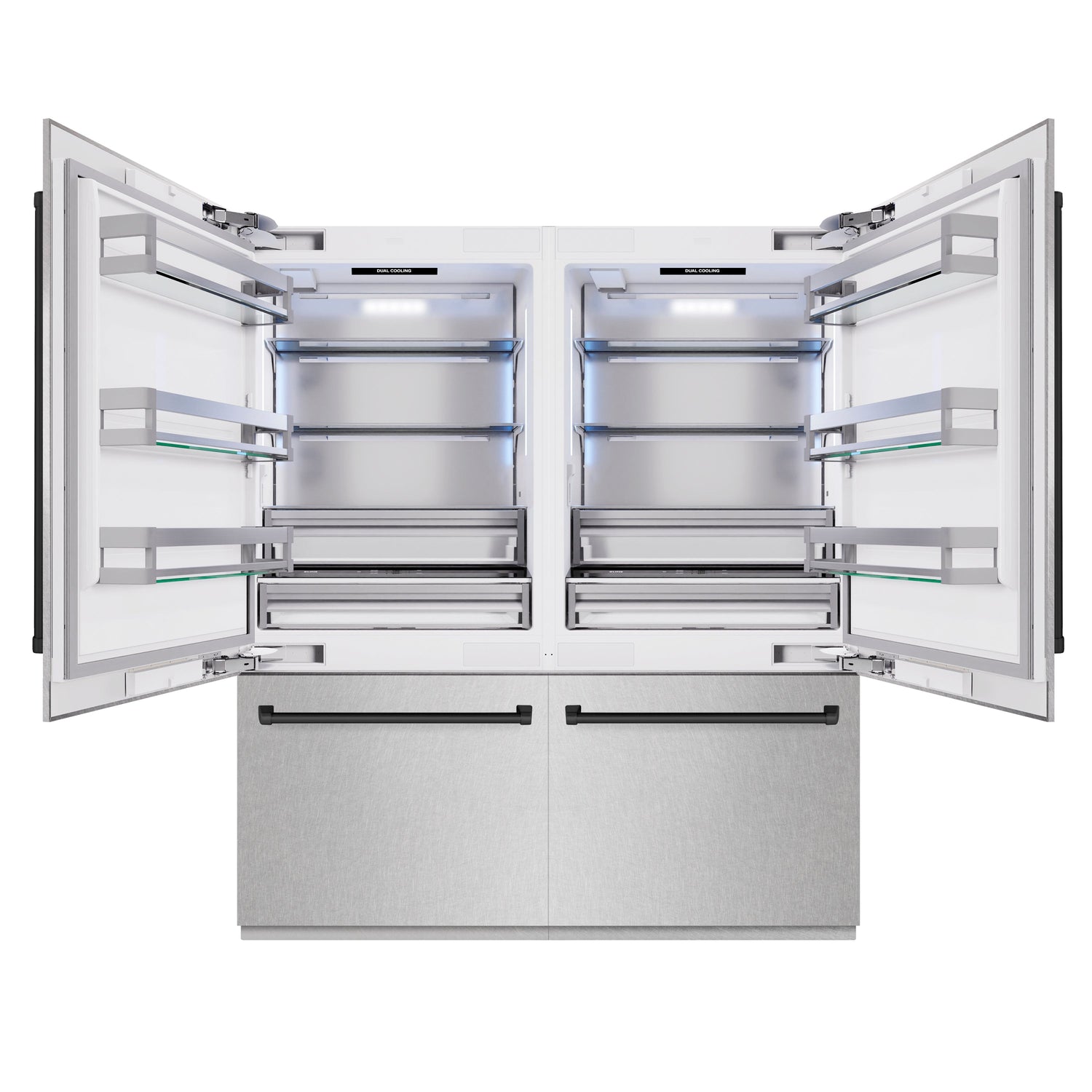 ZLINE Autograph Edition 72 in. 39.6 cu. ft. French Door Built-In Bottom Freezer Refrigerator with Water Dispensers and Ice Makers in Satin Stainless Steel and Matte Black Accents (RBITZ-SN-72-MB)