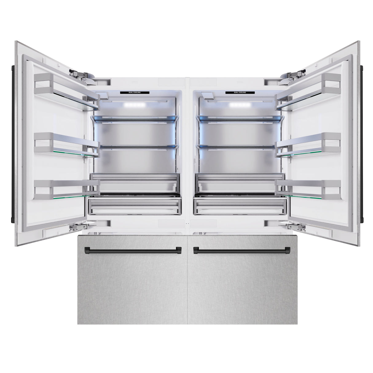 ZLINE Autograph Edition 72 in. 39.6 cu. ft. French Door Built-In Bottom Freezer Refrigerator with Water Dispensers and Ice Makers in Satin Stainless Steel and Matte Black Accents (RBITZ-SN-72-MB)