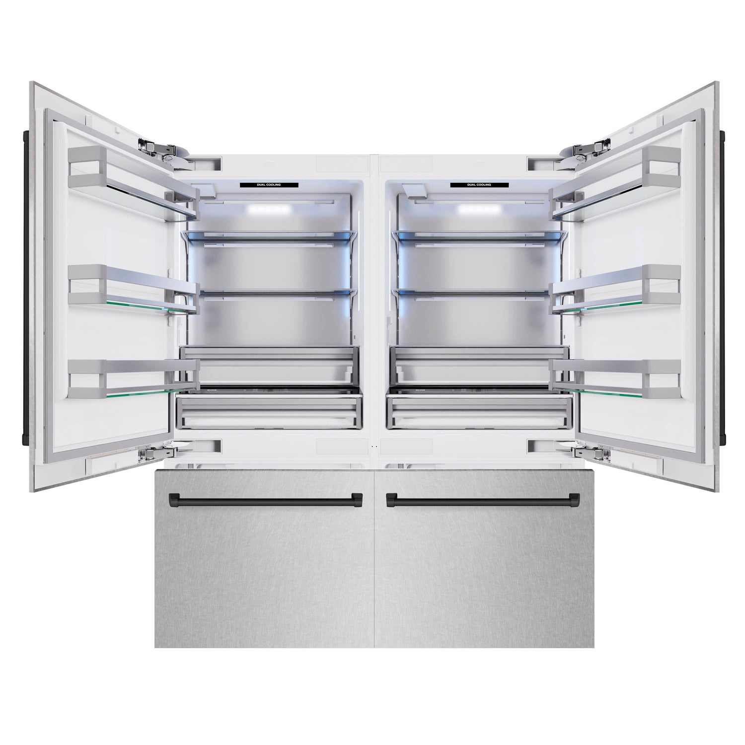 ZLINE Autograph Edition 72 in. 39.6 cu. ft. French Door Built-In Bottom Freezer Refrigerator with Water Dispensers and Ice Makers in Satin Stainless Steel and Matte Black Accents (RBITZ-SN-72-MB)