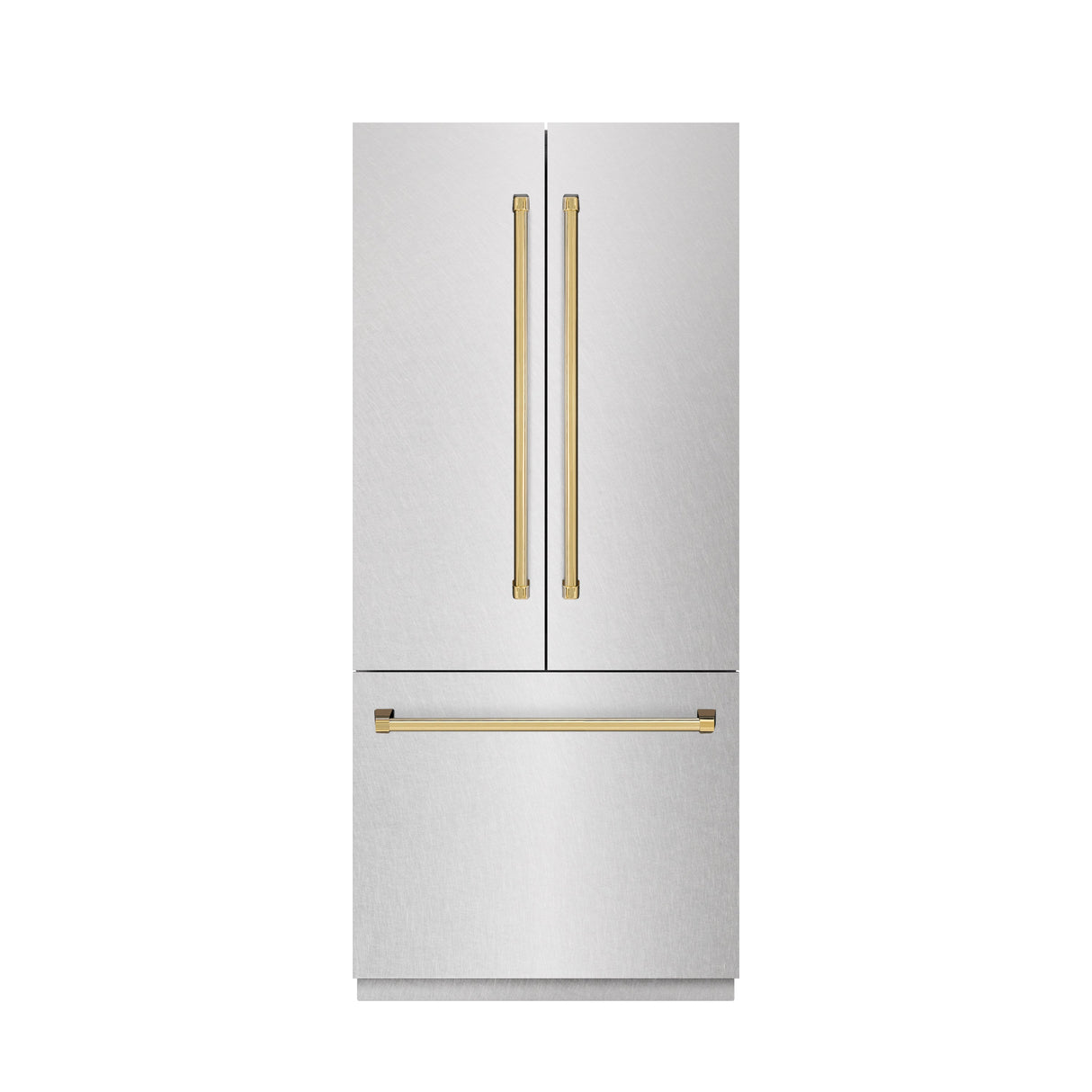 ZLINE Autograph Edition 36 in. 19.6 cu. ft. French Door Built-In Bottom Freezer Refrigerator with Water Dispenser and Ice Maker in Satin Stainless Steel with Stainless Steel Interior and Polished Gold Accents (SRBIVZ-SN-36-G)