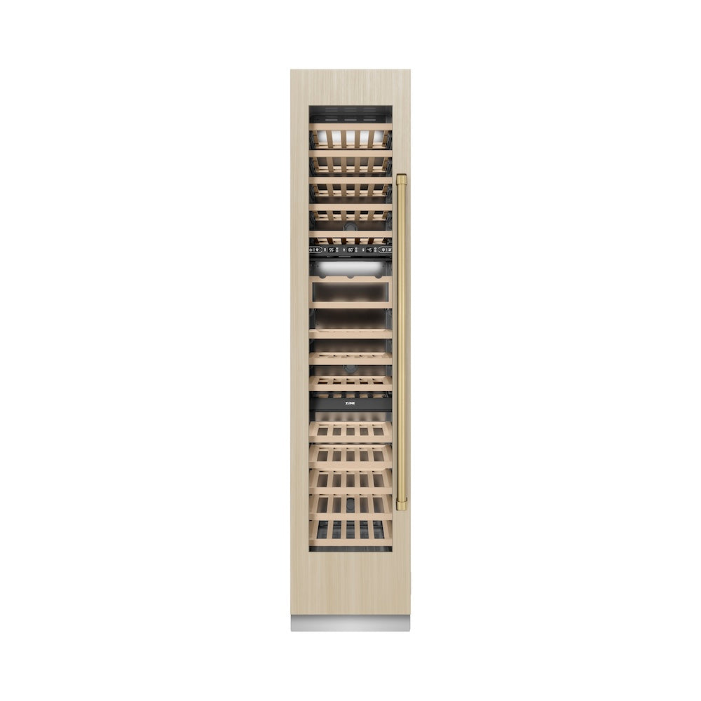 ZLINE Autograph Edition 18 in. 9.0 cu. ft. Triple Zone 68 Bottle Panel Ready Left Hinge Column Wine Cooler with Champagne Bronze Accents (RBCWVLZ-18-CB)