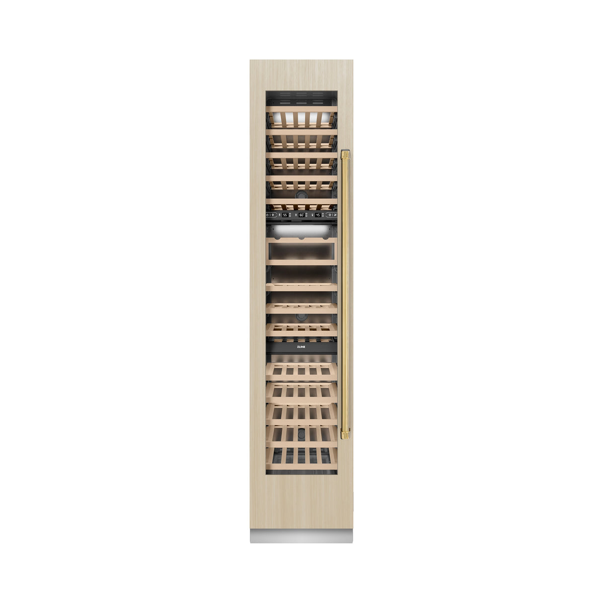 ZLINE Autograph Edition 18 in. 9.0 cu. ft. Triple Zone 68 Bottle Panel Ready Left Hinge Column Wine Cooler with Polished Gold Accents (RBCWVLZ-18-G)