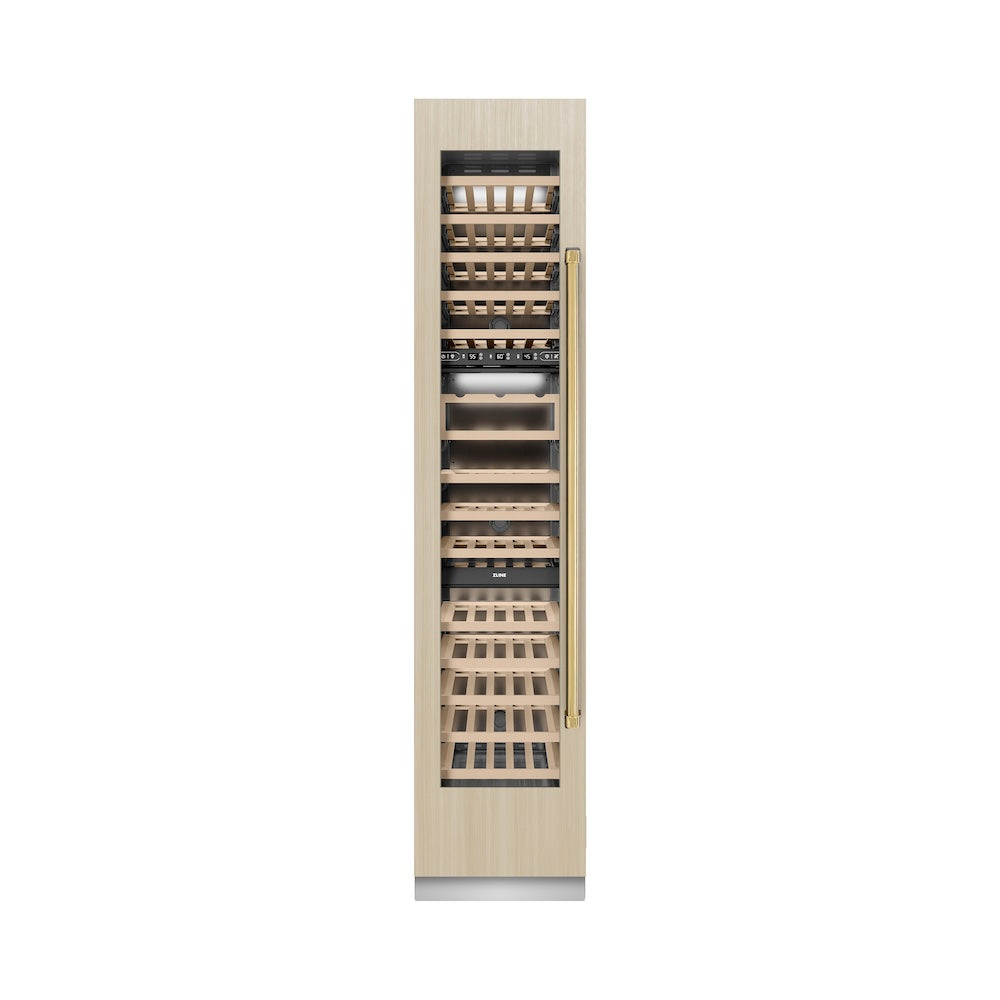 ZLINE Autograph Edition 18 in. 9.0 cu. ft. Triple Zone 68 Bottle Panel Ready Left Hinge Column Wine Cooler with Polished Gold Accents (RBCWVLZ-18-G)