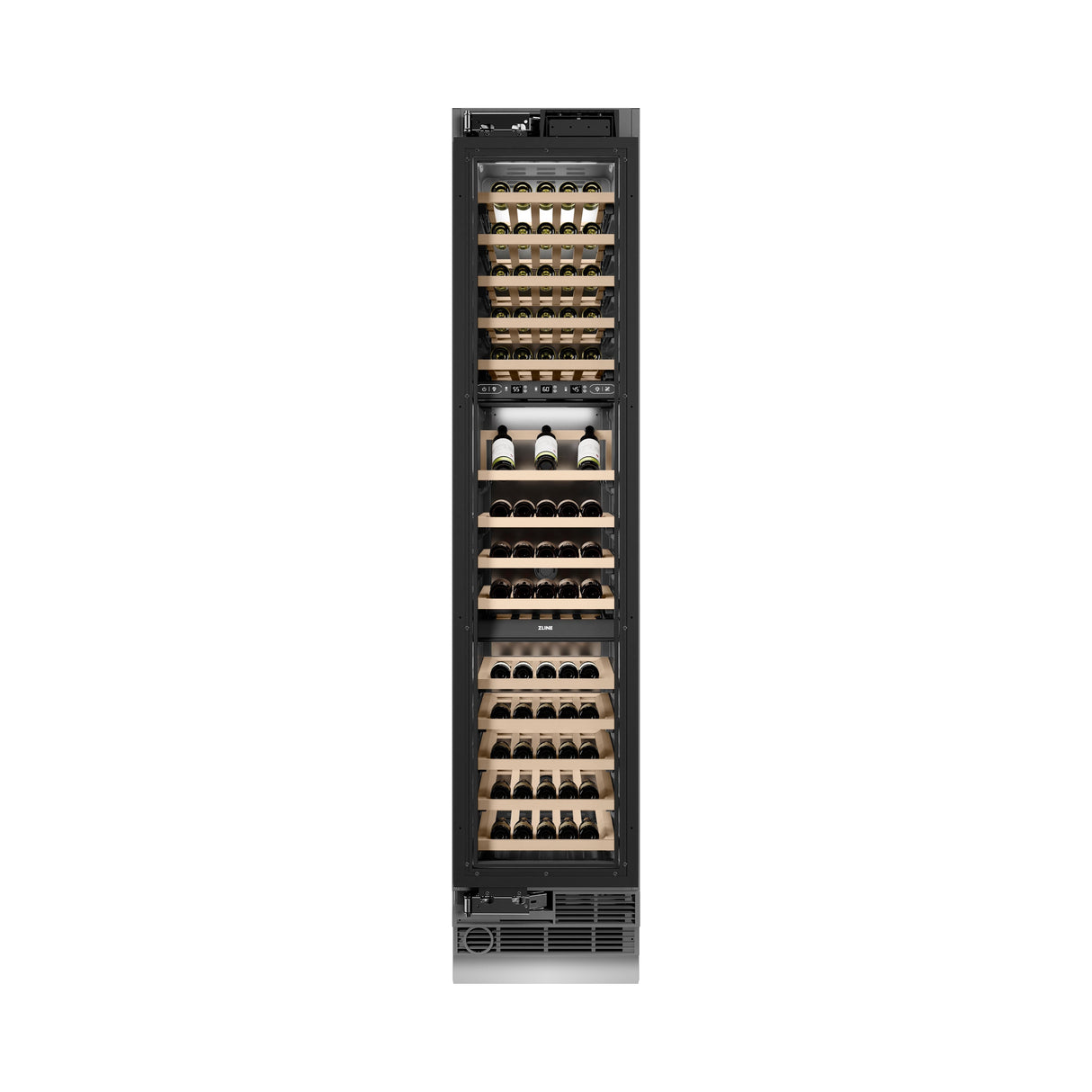 ZLINE Autograph Edition 18 in. 9.0 cu. ft. Triple Zone 68 Bottle Panel Ready Left Hinge Column Wine Cooler with Polished Gold Accents (RBCWVLZ-18-G)