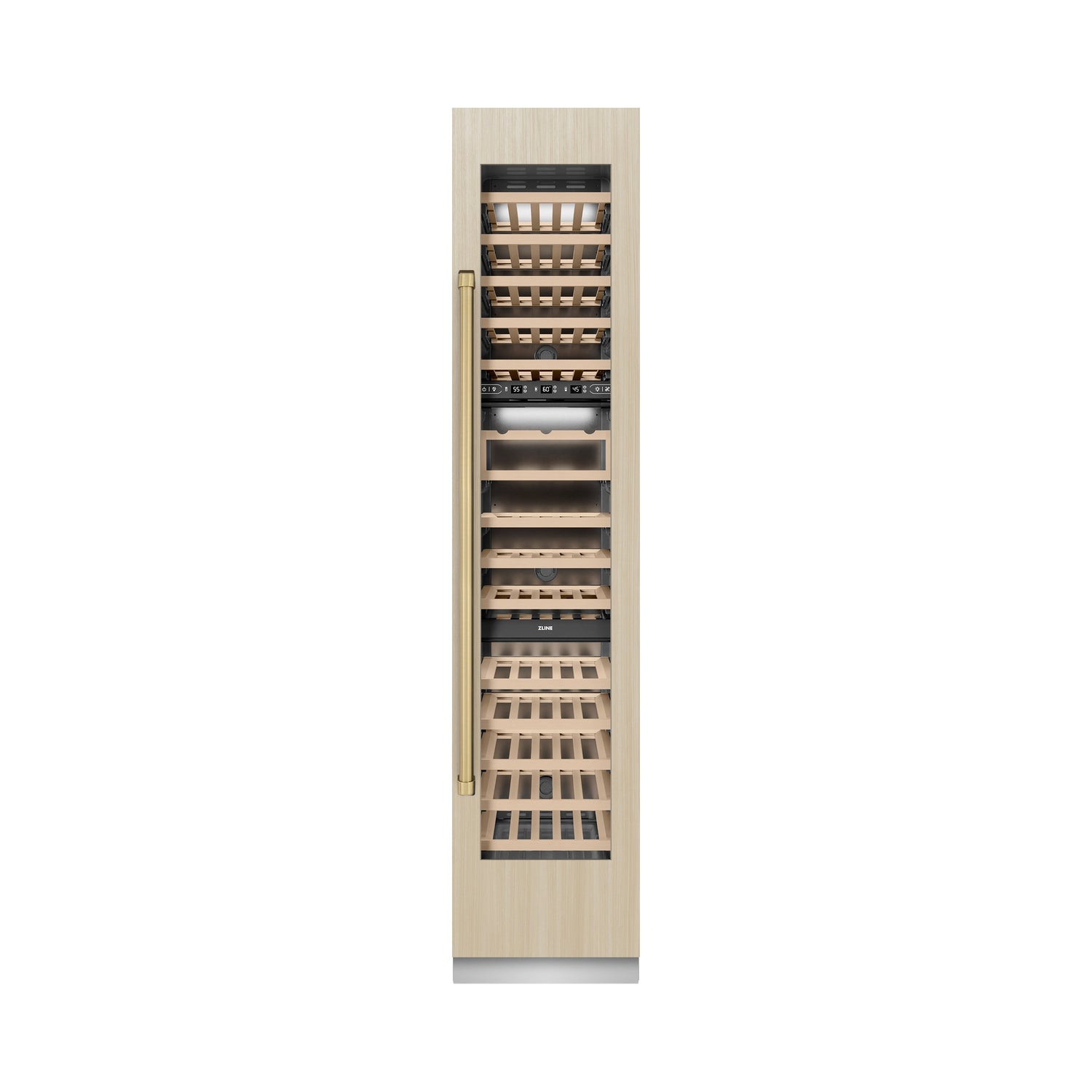 ZLINE Autograph Edition 18 in. 9.0 cu. ft. Triple Zone 68 Bottle Panel Ready Right Hinge Column Wine Cooler with Champagne Bronze Accents (RBCWVRZ-18-CB)