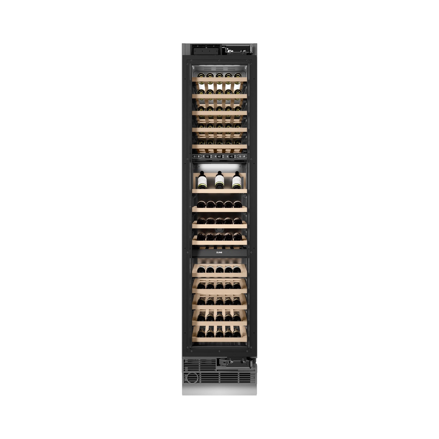 ZLINE Autograph Edition 18 in. 9.0 cu. ft. Triple Zone 68 Bottle Panel Ready Right Hinge Column Wine Cooler with Champagne Bronze Accents (RBCWVRZ-18-CB)