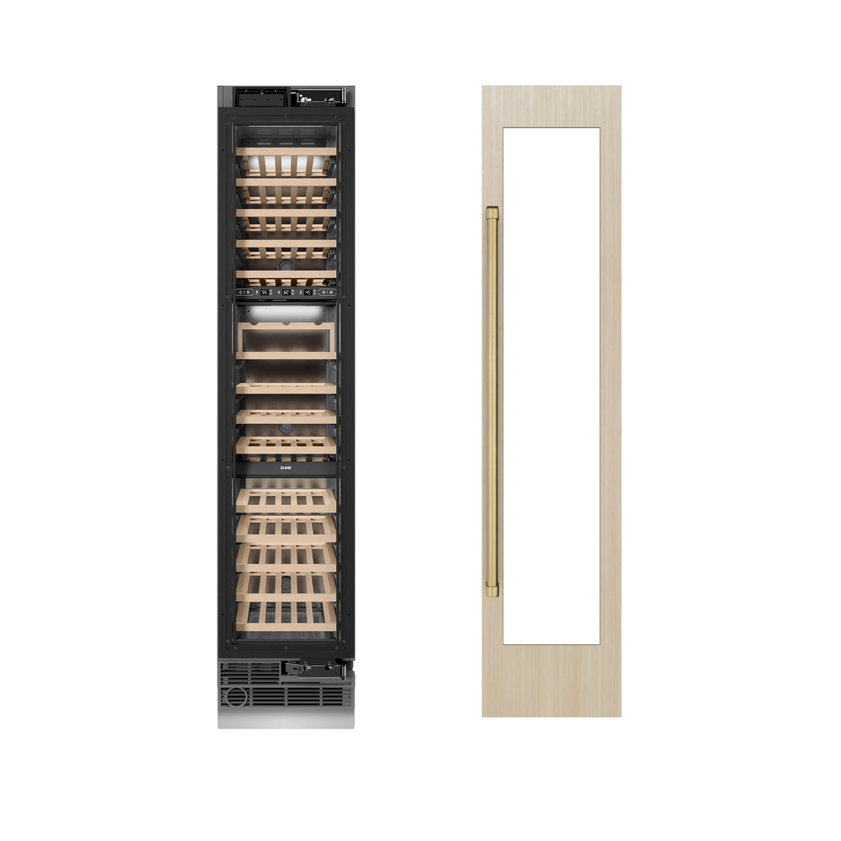 ZLINE Autograph Edition 18 in. 9.0 cu. ft. Triple Zone 68 Bottle Panel Ready Right Hinge Column Wine Cooler with Champagne Bronze Accents (RBCWVRZ-18-CB)