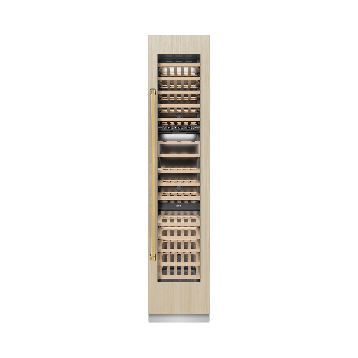 ZLINE Autograph Edition 18 in. 9.0 cu. ft. Triple Zone 68 Bottle Panel Ready Right Hinge Column Wine Cooler with Polished Gold Accents (RBCWVRZ-18-G)