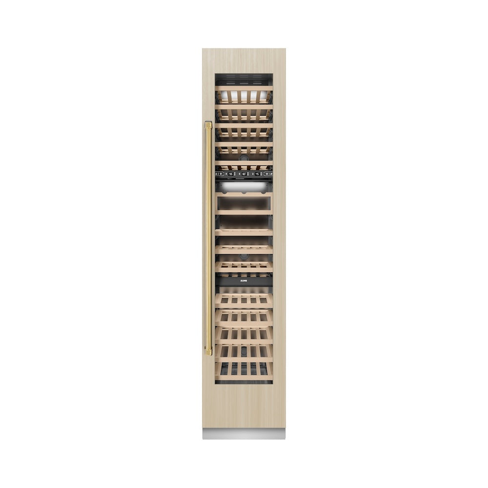 ZLINE Autograph Edition 18 in. 9.0 cu. ft. Triple Zone 68 Bottle Panel Ready Right Hinge Column Wine Cooler with Polished Gold Accents (RBCWVRZ-18-G)