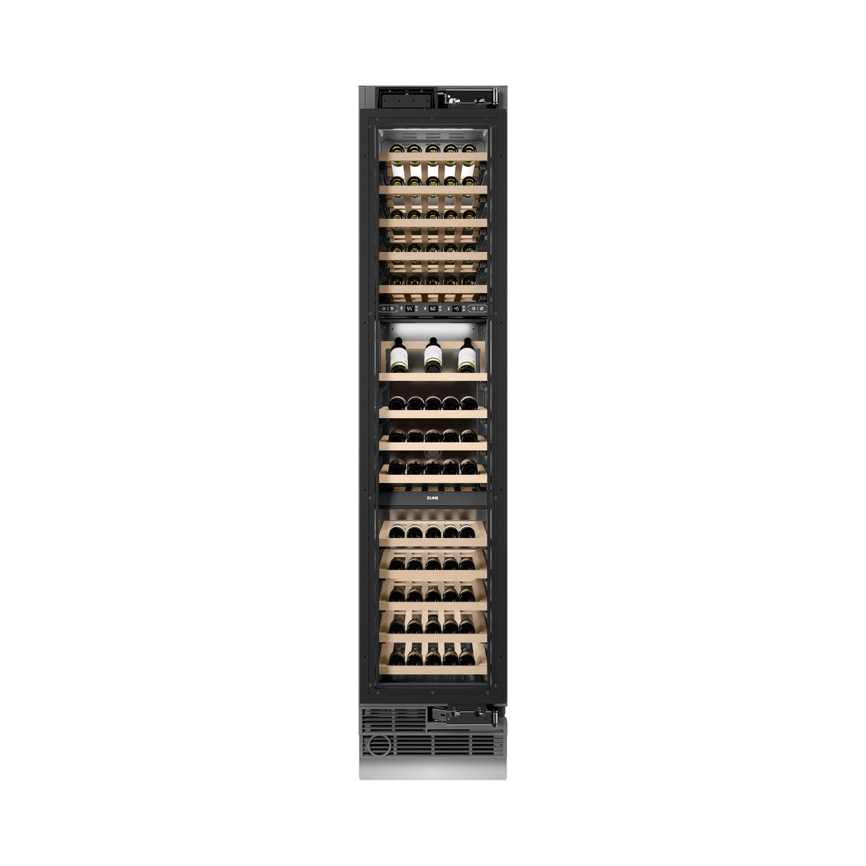 ZLINE Autograph Edition 18 in. 9.0 cu. ft. Triple Zone 68 Bottle Panel Ready Right Hinge Column Wine Cooler with Polished Gold Accents (RBCWVRZ-18-G)