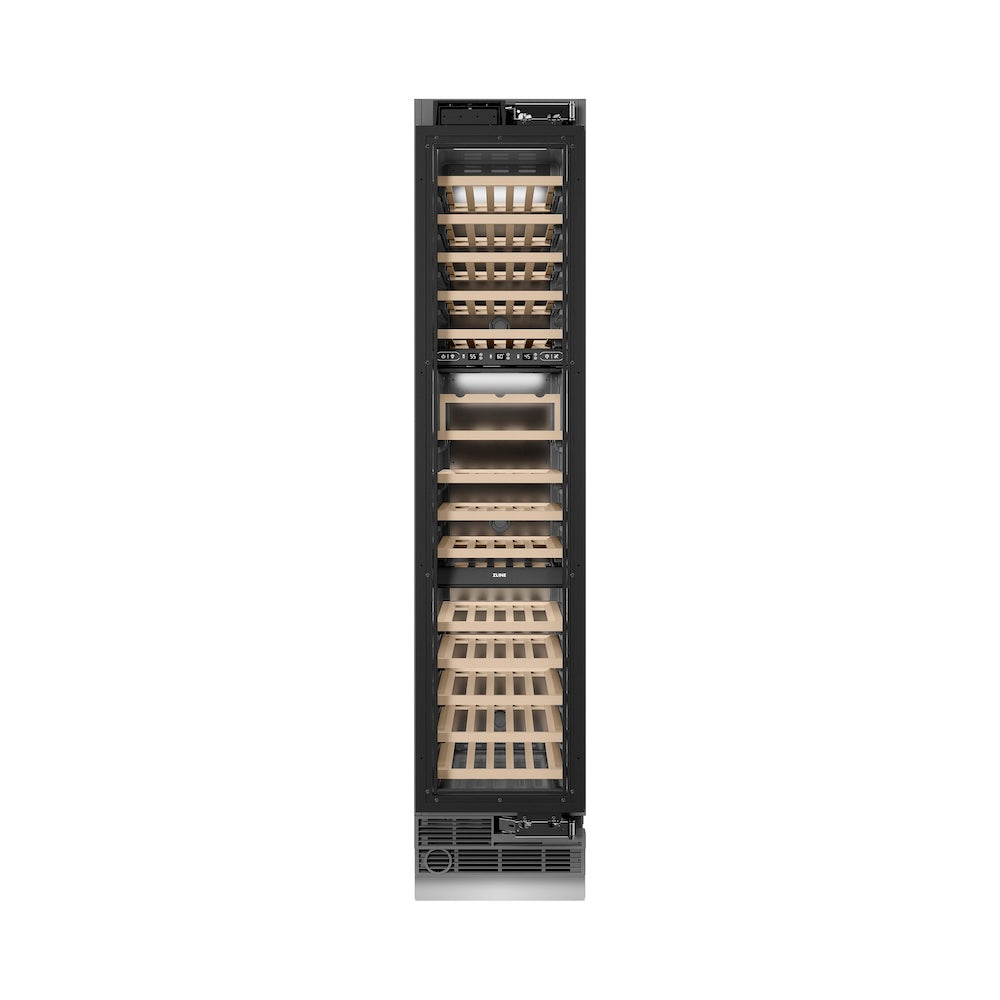 ZLINE Autograph Edition 18 in. 9.0 cu. ft. Triple Zone 68 Bottle Panel Ready Right Hinge Column Wine Cooler with Polished Gold Accents (RBCWVRZ-18-G)