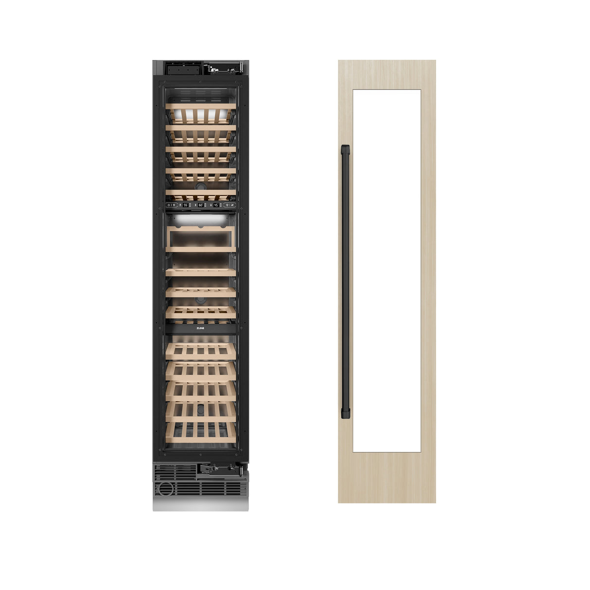 ZLINE Autograph Edition 18 in. 9.0 cu. ft. Triple Zone 68 Bottle Panel Ready Right Hinge Column Wine Cooler with Matte Black Accents (RBCWVRZ-18-MB)
