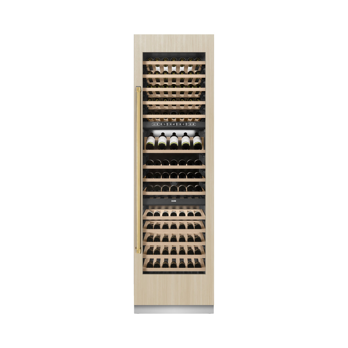 ZLINE Autograph Edition 24 in. 12.4 cu. ft. Triple Zone 100 Bottle Panel Ready Column Wine Cooler with Polished Gold Accents (RBCWVZ-24-G)