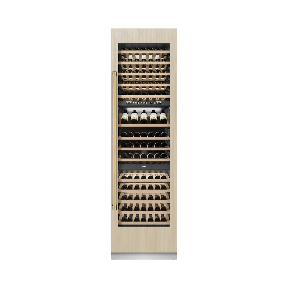 ZLINE Autograph Edition 24 in. 12.4 cu. ft. Triple Zone 100 Bottle Panel Ready Column Wine Cooler with Polished Gold Accents (RBCWVZ-24-G)