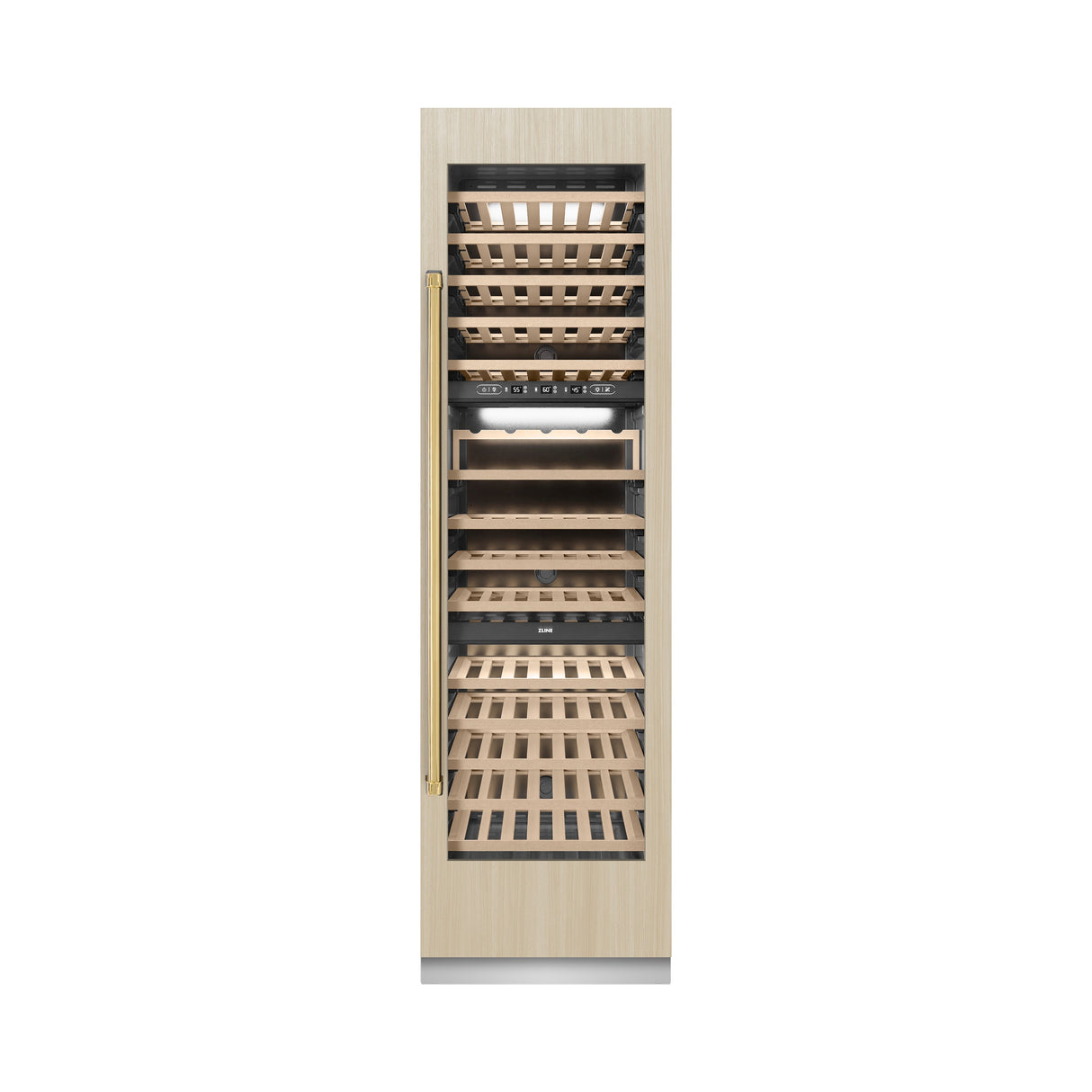 ZLINE Autograph Edition 24 in. 12.4 cu. ft. Triple Zone 100 Bottle Panel Ready Column Wine Cooler with Polished Gold Accents (RBCWVZ-24-G)