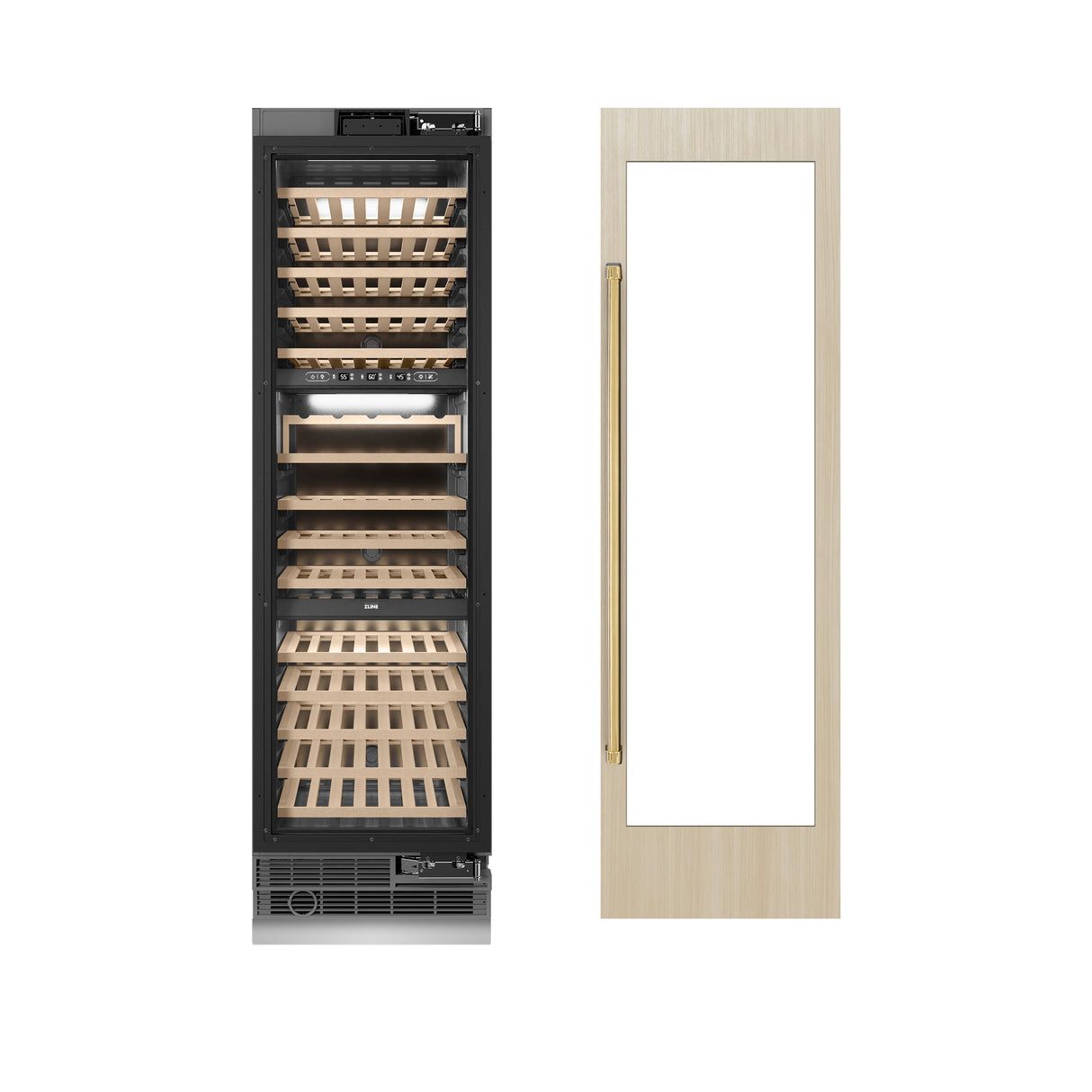 ZLINE Autograph Edition 24 in. 12.4 cu. ft. Triple Zone 100 Bottle Panel Ready Column Wine Cooler with Polished Gold Accents (RBCWVZ-24-G)
