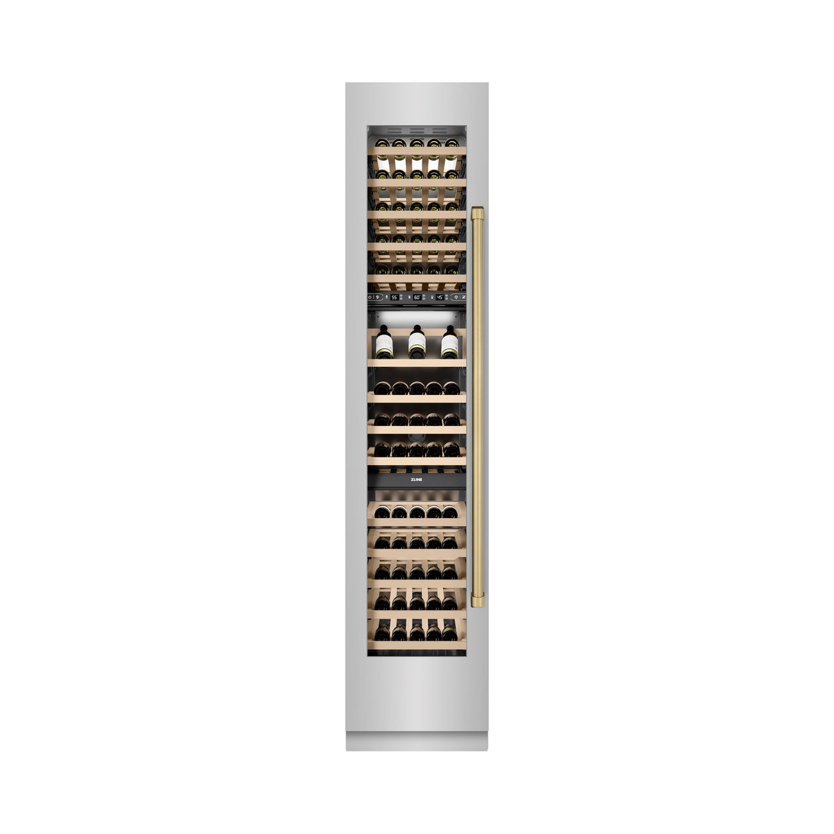 ZLINE Autograph Edition 18 in. 9.0 cu. ft. Triple Zone 68 Bottle Left Hinge Column Wine Cooler in Stainless Steel with Champagne Bronze Accents (RCWVLZ-30418-CB)