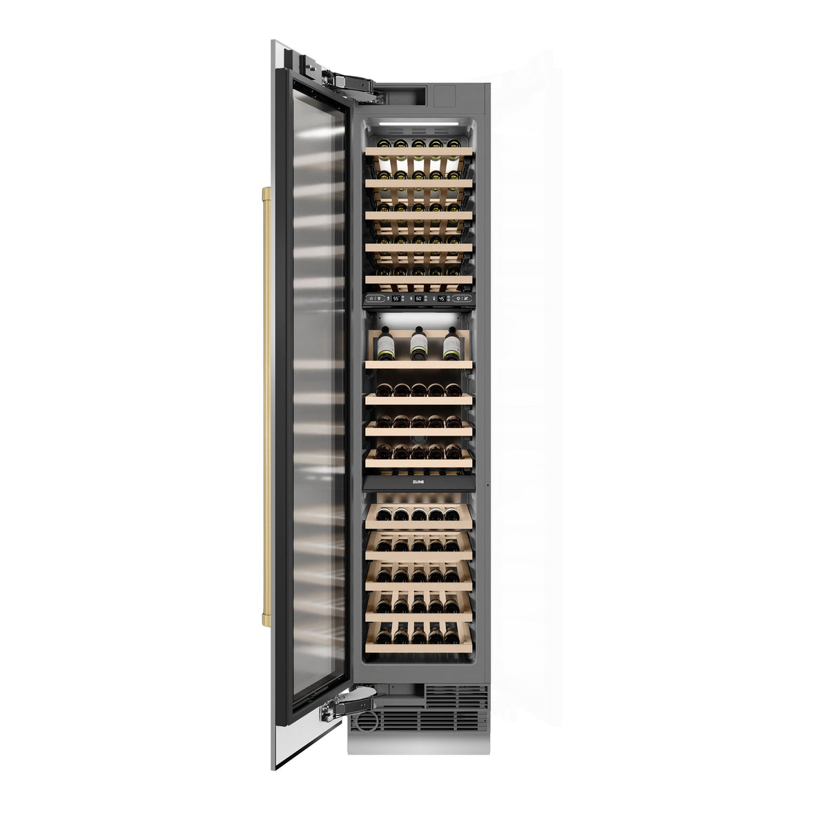 ZLINE Autograph Edition 18 in. 9.0 cu. ft. Triple Zone 68 Bottle Left Hinge Column Wine Cooler in Stainless Steel with Champagne Bronze Accents (RCWVLZ-30418-CB)