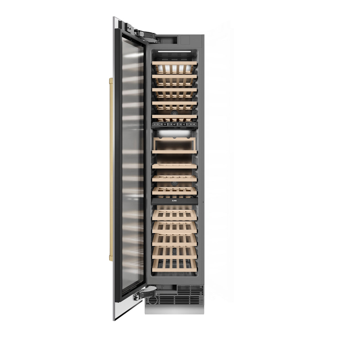 ZLINE Autograph Edition 18 in. 9.0 cu. ft. Triple Zone 68 Bottle Left Hinge Column Wine Cooler in Stainless Steel with Champagne Bronze Accents (RCWVLZ-30418-CB)