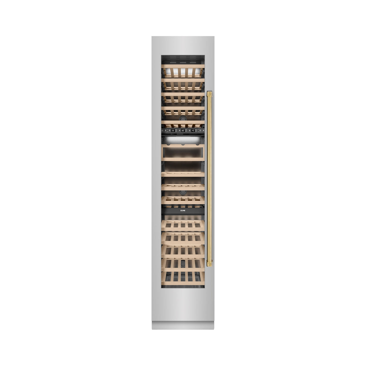 ZLINE Autograph Edition 18 in. 9.0 cu. ft. Triple Zone 68 Bottle Left Hinge Column Wine Cooler in Stainless Steel with Polished Gold Accents (RCWVLZ-30418-G)