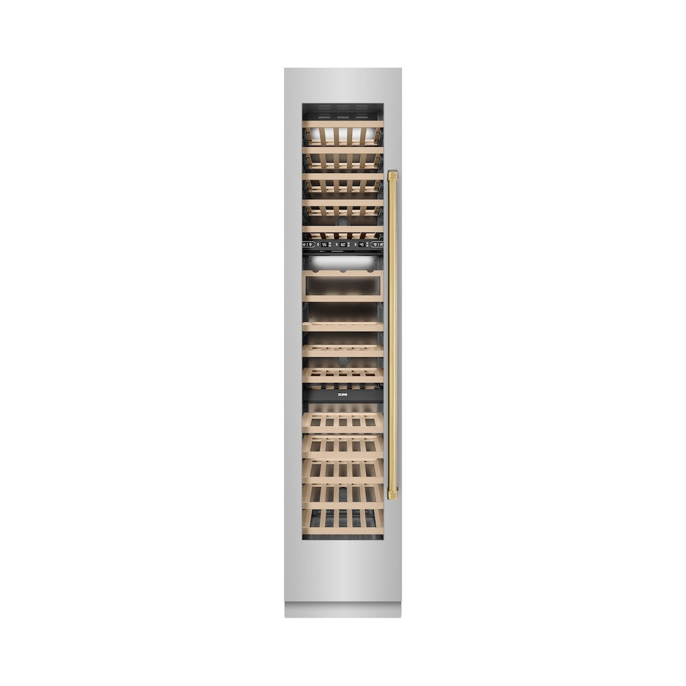 ZLINE Autograph Edition 18 in. 9.0 cu. ft. Triple Zone 68 Bottle Left Hinge Column Wine Cooler in Stainless Steel with Polished Gold Accents (RCWVLZ-30418-G)