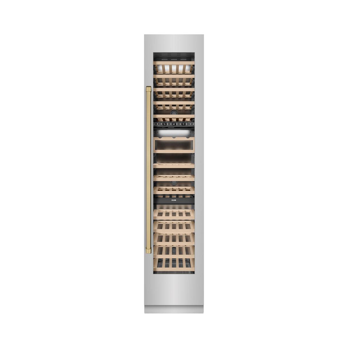 ZLINE Autograph Edition 18 in. 9.0 cu. ft. Triple Zone 68 Bottle Right Hinge Column Wine Cooler in Stainless Steel with Champagne Bronze Accents (RCWVRZ-30418-CB)