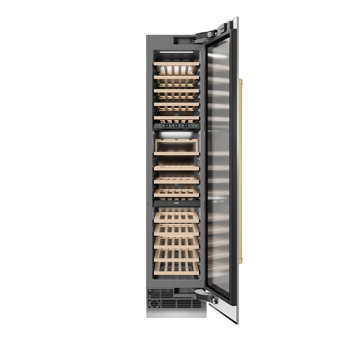 ZLINE Autograph Edition 18 in. 9.0 cu. ft. Triple Zone 68 Bottle Right Hinge Column Wine Cooler in Stainless Steel with Champagne Bronze Accents (RCWVRZ-30418-CB)