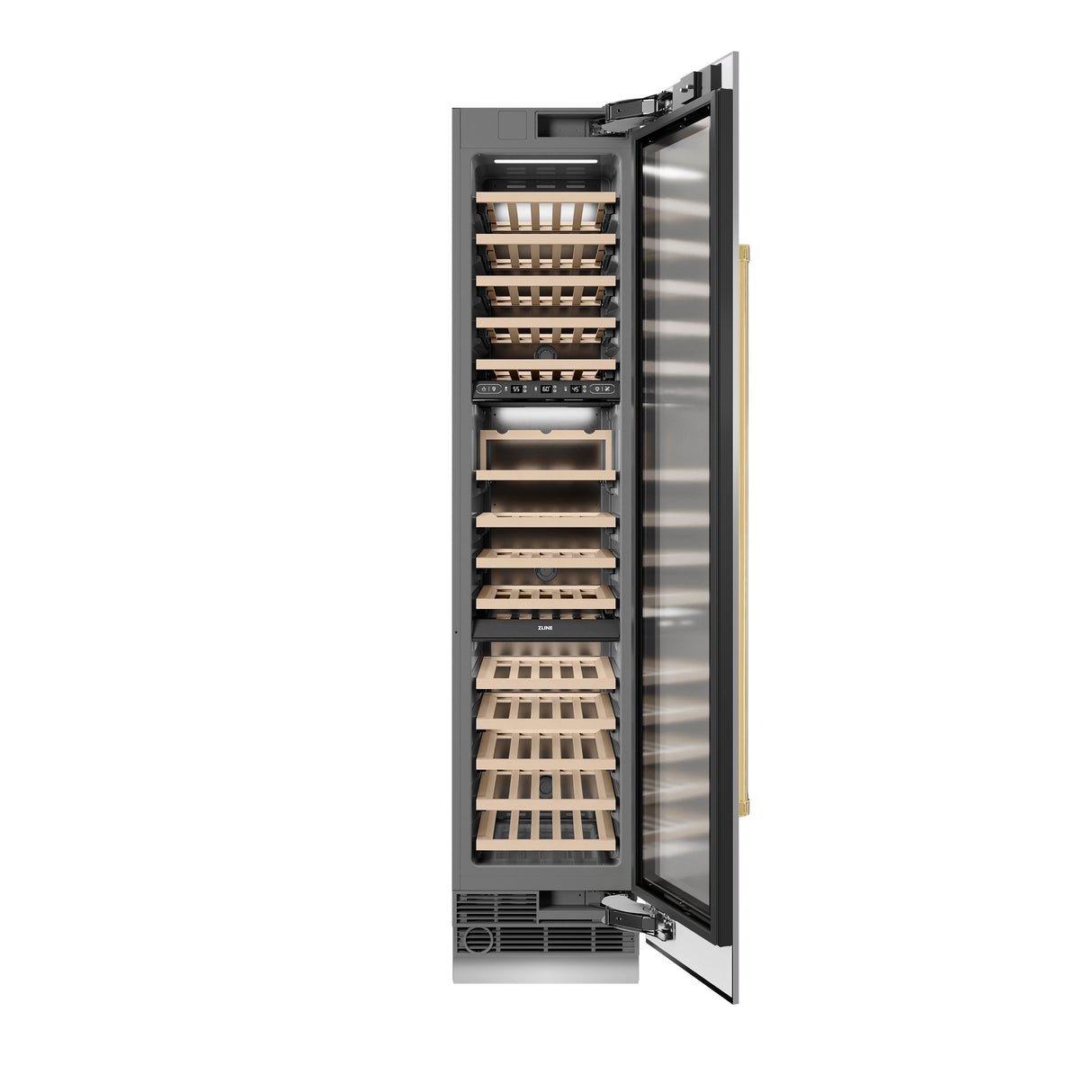 ZLINE Autograph Edition 18 in. 9.0 cu. ft. Triple Zone 68 Bottle Right Hinge Column Wine Cooler in Stainless Steel with Polished Gold Accents (RCWVRZ-30418-G)