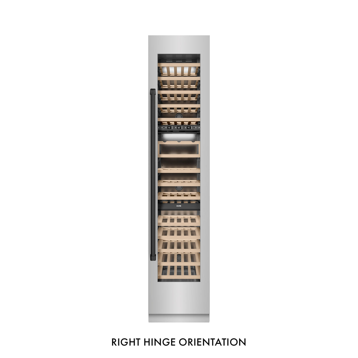 ZLINE Autograph Edition 18 in. 9.0 cu. ft. Triple Zone 68 Bottle Right Hinge Column Wine Cooler in Stainless Steel with Matte Black Accents (RCWVRZ-30418-MB)