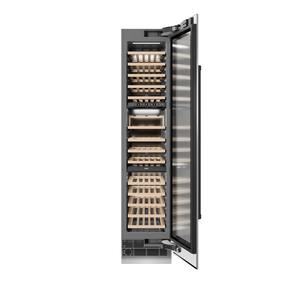 ZLINE Autograph Edition 18 in. 9.0 cu. ft. Triple Zone 68 Bottle Right Hinge Column Wine Cooler in Stainless Steel with Matte Black Accents (RCWVRZ-30418-MB)