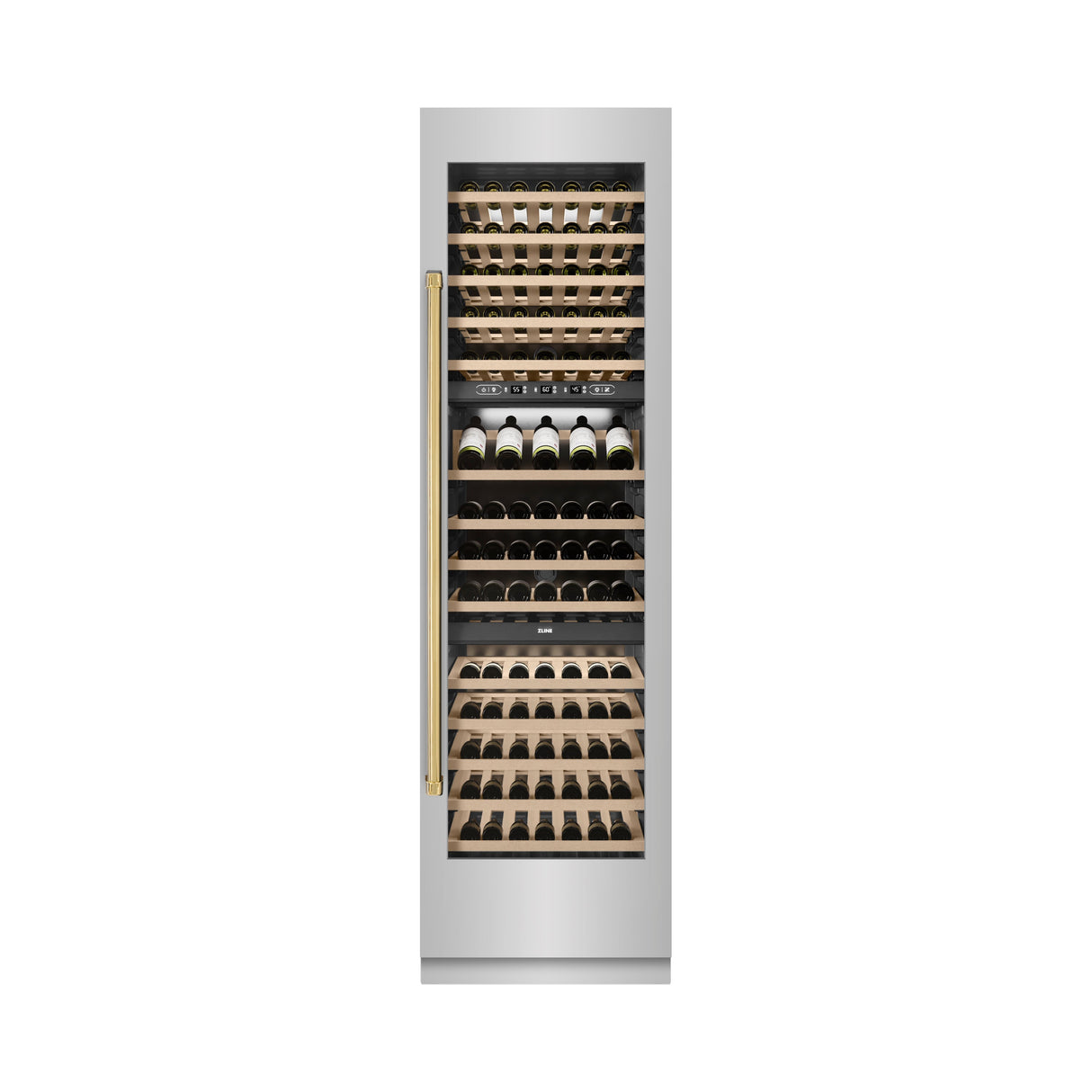 ZLINE Autograph Edition 24 in. 12.4 cu. ft. Triple Zone 100 Bottle Column Wine Cooler in Stainless Steel and Polished Gold Accents (RCWVZ-304-24-G)