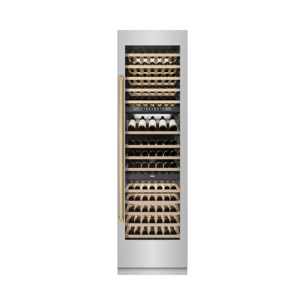 ZLINE Autograph Edition 24 in. 12.4 cu. ft. Triple Zone 100 Bottle Column Wine Cooler in Stainless Steel and Polished Gold Accents (RCWVZ-304-24-G)