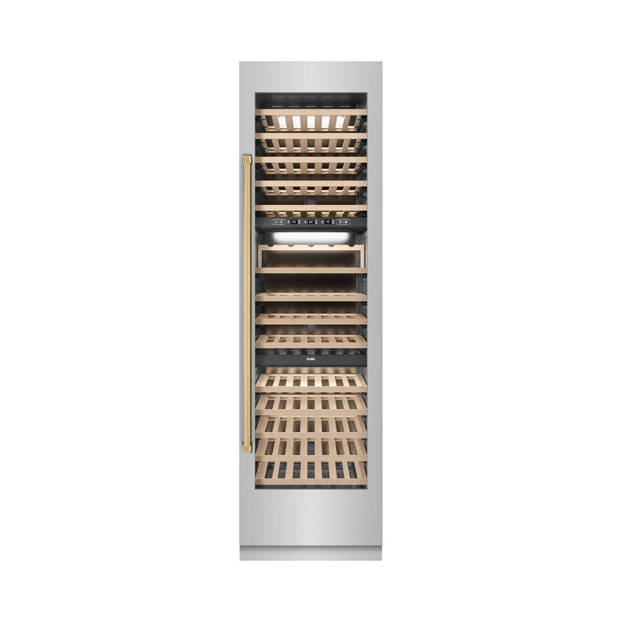 ZLINE Autograph Edition 24 in. 12.4 cu. ft. Triple Zone 100 Bottle Column Wine Cooler in Stainless Steel and Polished Gold Accents (RCWVZ-304-24-G)