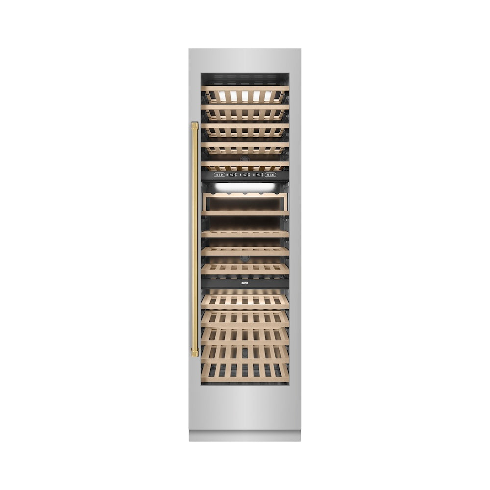 ZLINE Autograph Edition 24 in. 12.4 cu. ft. Triple Zone 100 Bottle Column Wine Cooler in Stainless Steel and Polished Gold Accents (RCWVZ-304-24-G)