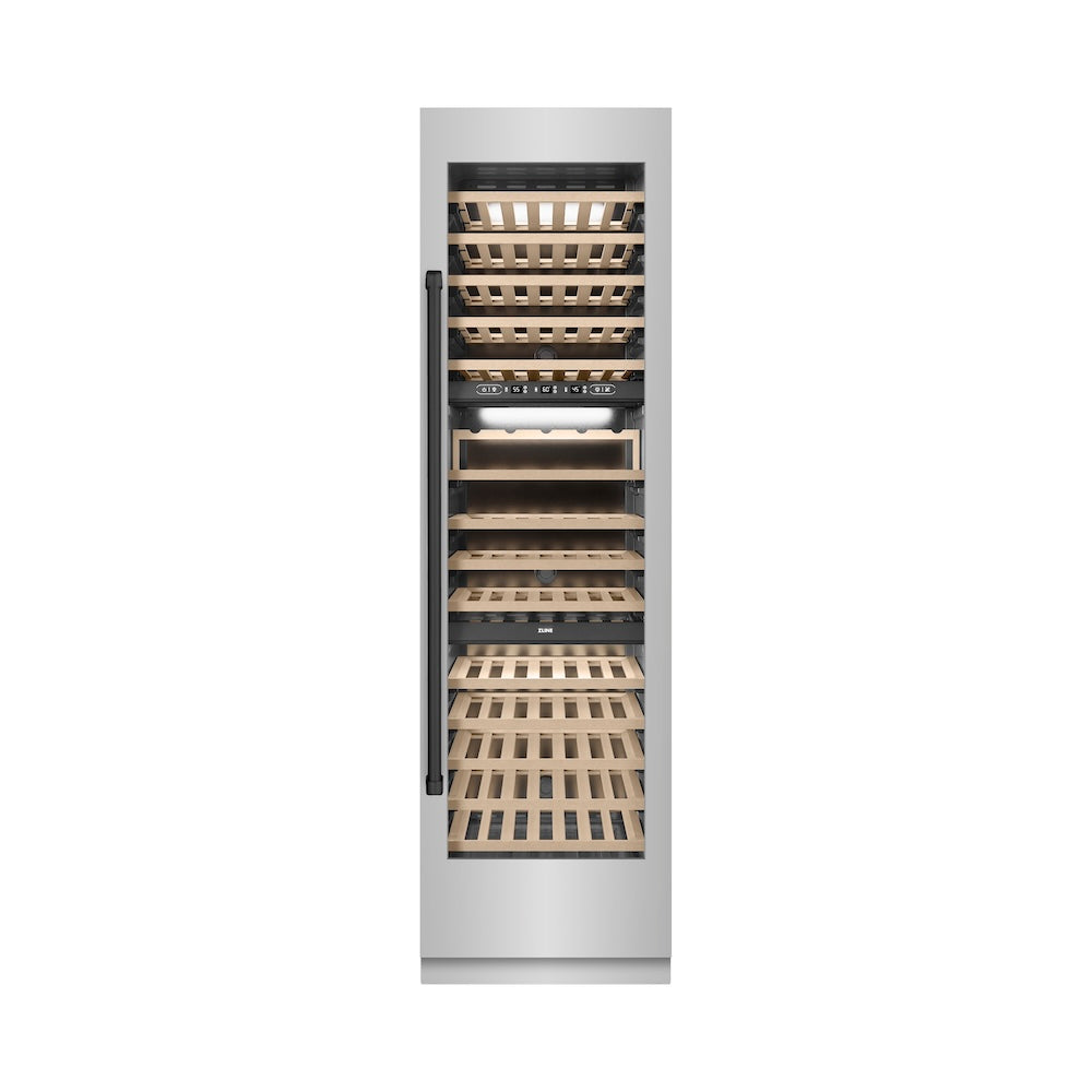ZLINE Autograph Edition 24 in. 12.4 cu. ft. Triple Zone 100 Bottle Column Wine Cooler in Stainless Steel and Matte Black Accents (RCWVZ-304-24-MB)