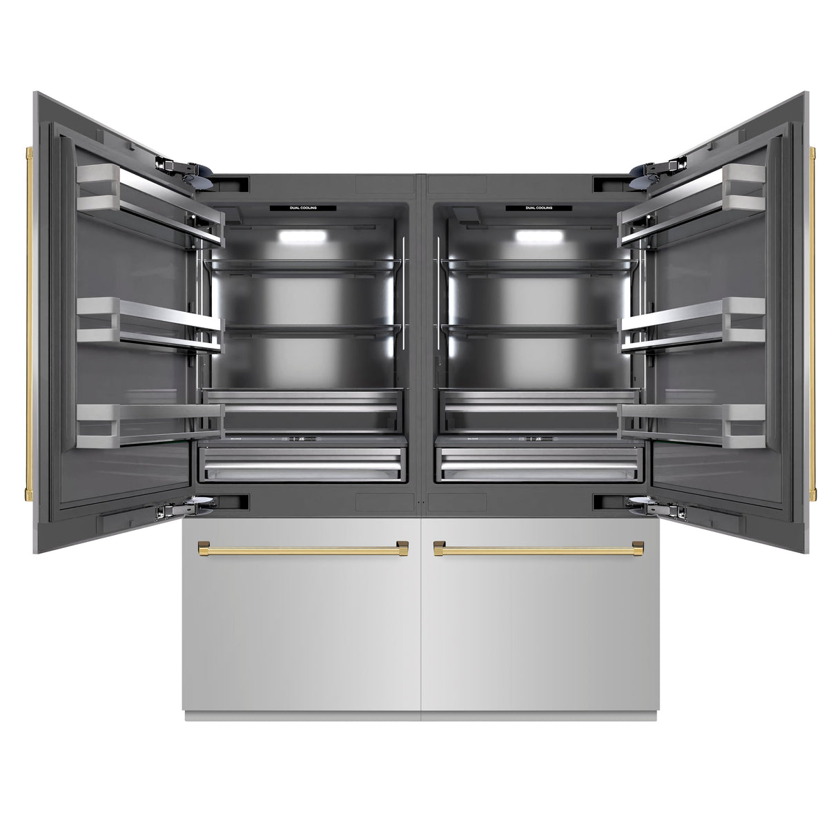 ZLINE Autograph Edition 72 in. 39.6 cu. ft. French Door Built-In Bottom Freezer Refrigerator with Water Dispensers and Ice Makers in Stainless Steel with Graphite Gray Interior and Polished Gold Accents (GRBITZ-304-72G)