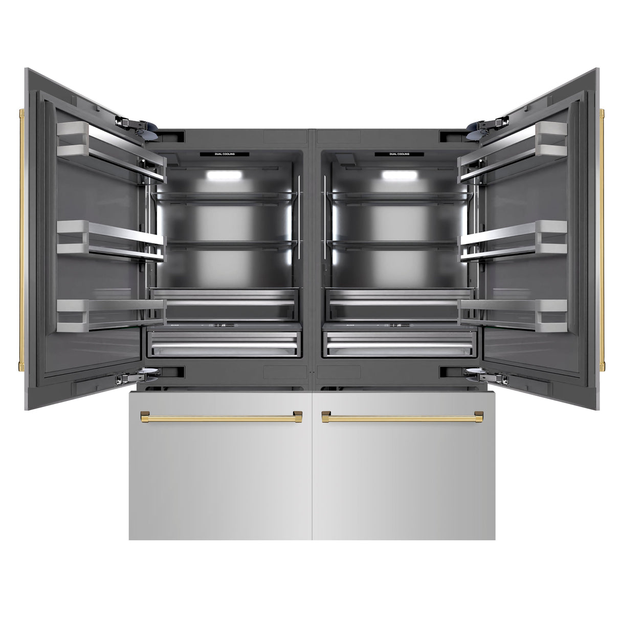 ZLINE Autograph Edition 72 in. 39.6 cu. ft. French Door Built-In Bottom Freezer Refrigerator with Water Dispensers and Ice Makers in Stainless Steel with Graphite Gray Interior and Polished Gold Accents (GRBITZ-304-72G)