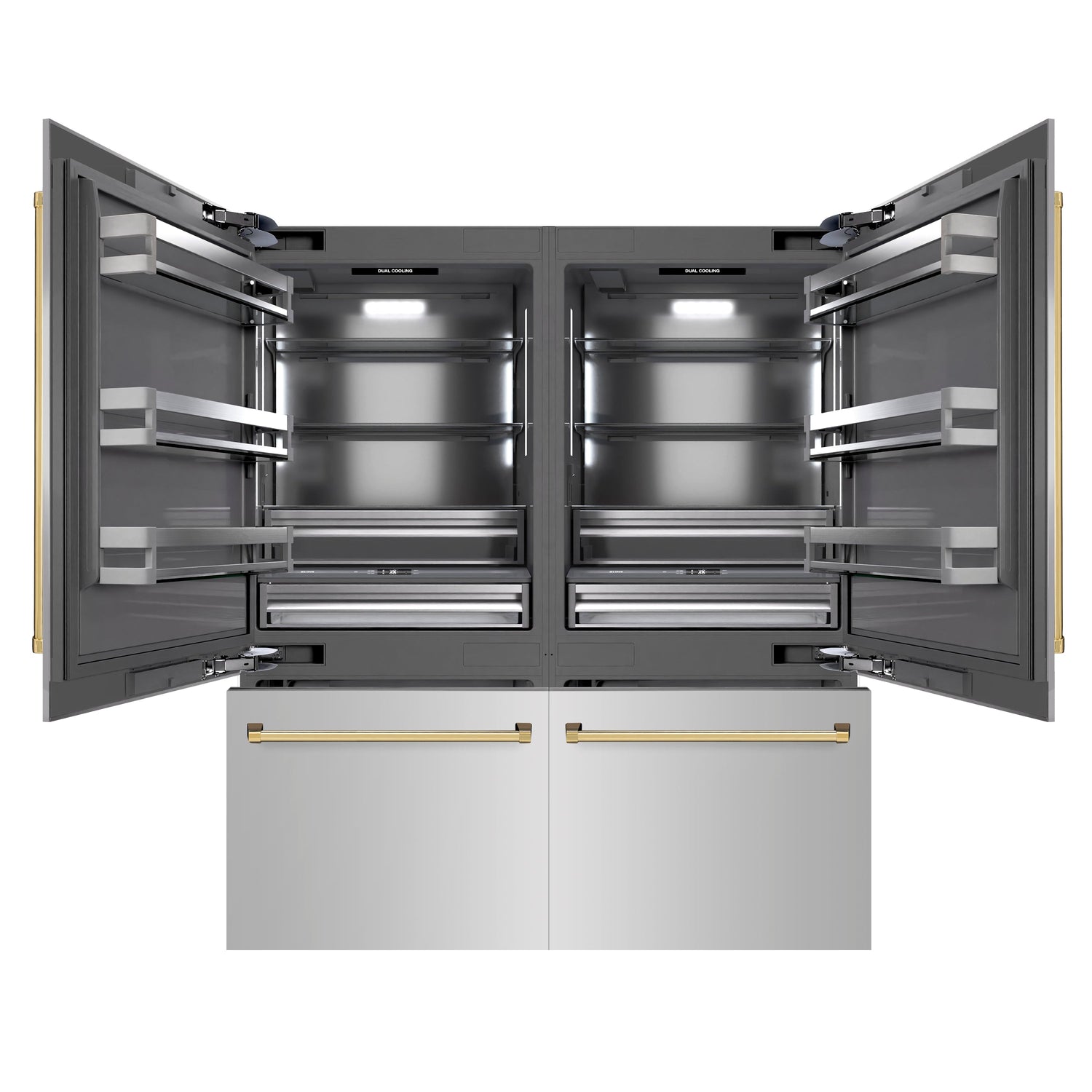 ZLINE Autograph Edition 72 in. 39.6 cu. ft. French Door Built-In Bottom Freezer Refrigerator with Water Dispensers and Ice Makers in Stainless Steel with Graphite Gray Interior and Polished Gold Accents (GRBITZ-304-72G)