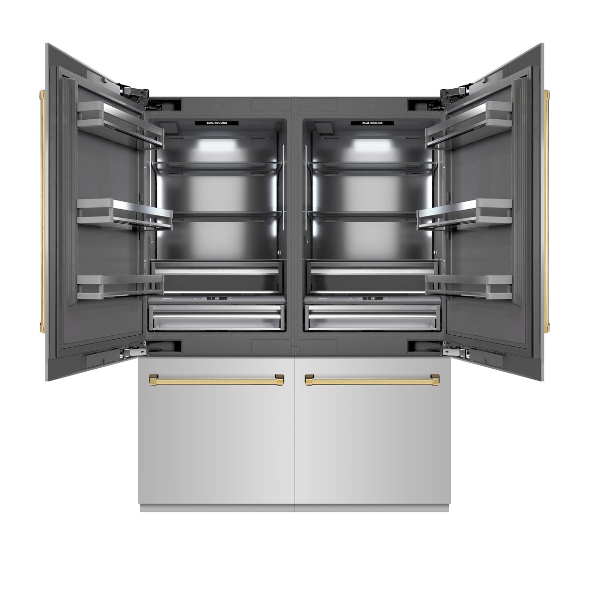 ZLINE Autograph Edition 60 in. 32.2 cu. ft. French Door Built-In Bottom Freezer Refrigerator with Water Dispenser and Ice Maker in Stainless Steel with Graphite Gray Interior and Polished Gold Accents (GRBIVZ-304-60G)