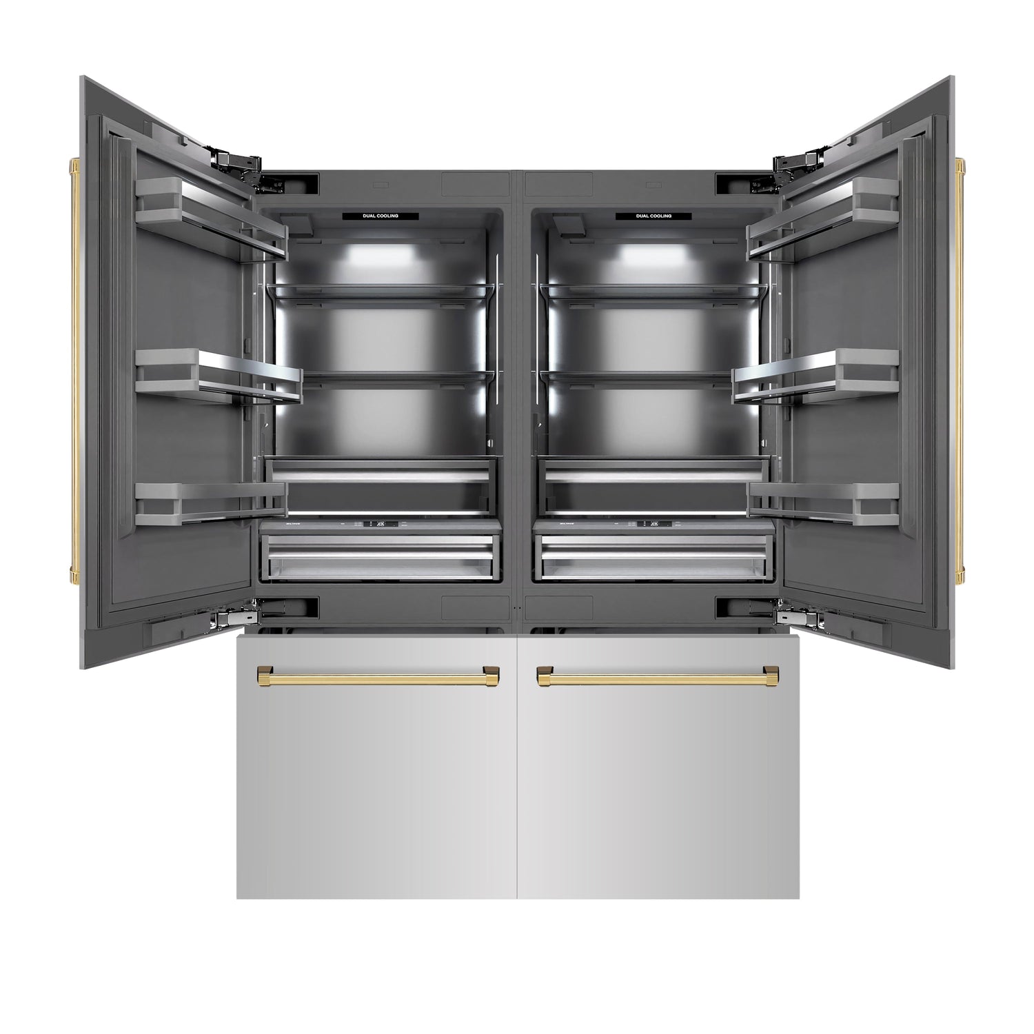 ZLINE Autograph Edition 60 in. 32.2 cu. ft. French Door Built-In Bottom Freezer Refrigerator with Water Dispenser and Ice Maker in Stainless Steel with Graphite Gray Interior and Polished Gold Accents (GRBIVZ-304-60G)