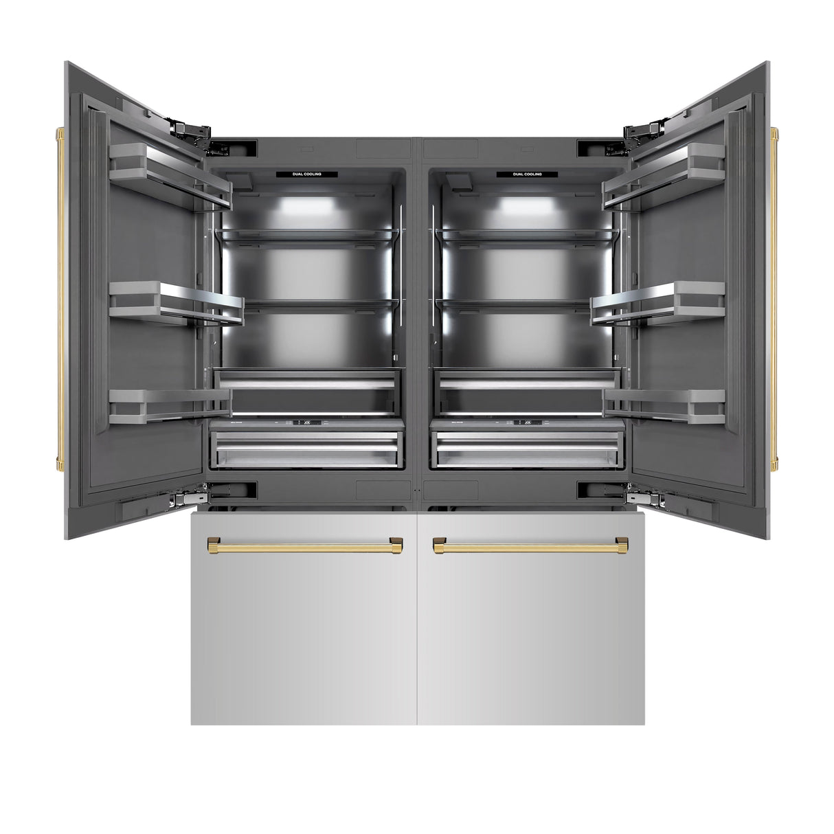 ZLINE Autograph Edition 60 in. 32.2 cu. ft. French Door Built-In Bottom Freezer Refrigerator with Water Dispenser and Ice Maker in Stainless Steel with Graphite Gray Interior and Polished Gold Accents (GRBIVZ-304-60G)