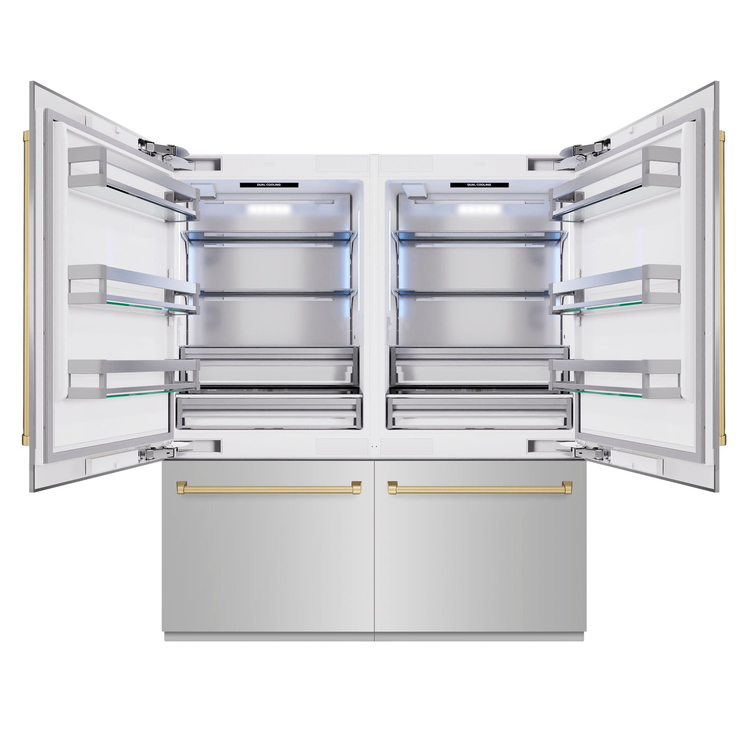 ZLINE Autograph Edition 72 in. 39.6 cu. ft. French Door Built-In Bottom Freezer Refrigerator with Water Dispensers and Ice Makers in Stainless Steel with Champagne Bronze Accents (RBITZ-304-72CB)