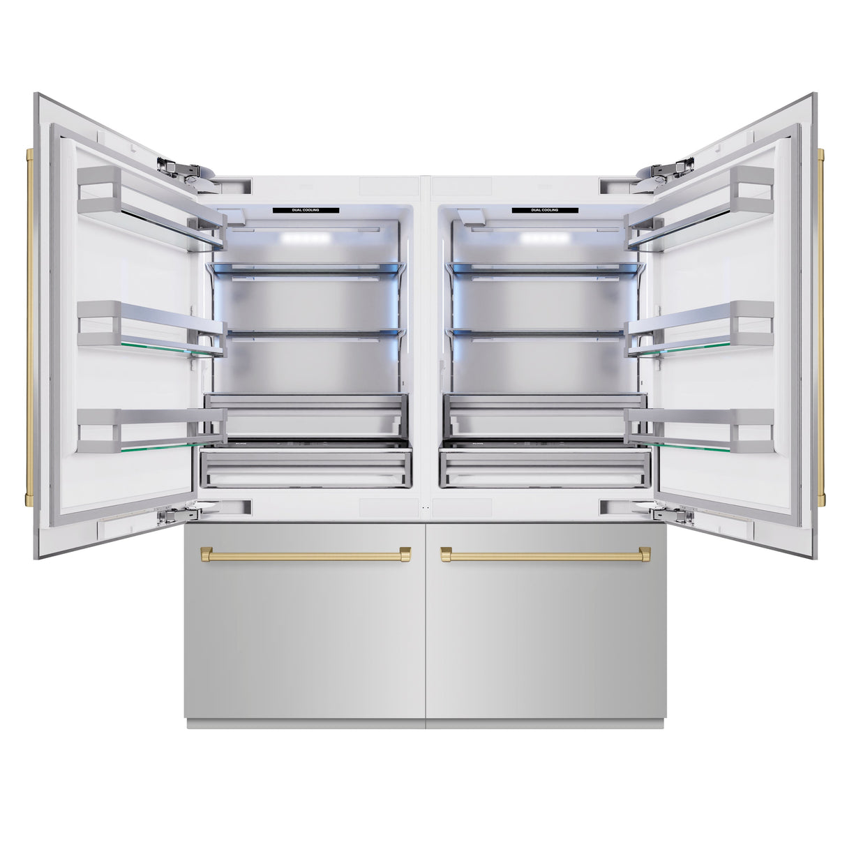 ZLINE Autograph Edition 72 in. 39.6 cu. ft. French Door Built-In Bottom Freezer Refrigerator with Water Dispensers and Ice Makers in Stainless Steel with Champagne Bronze Accents (RBITZ-304-72CB)