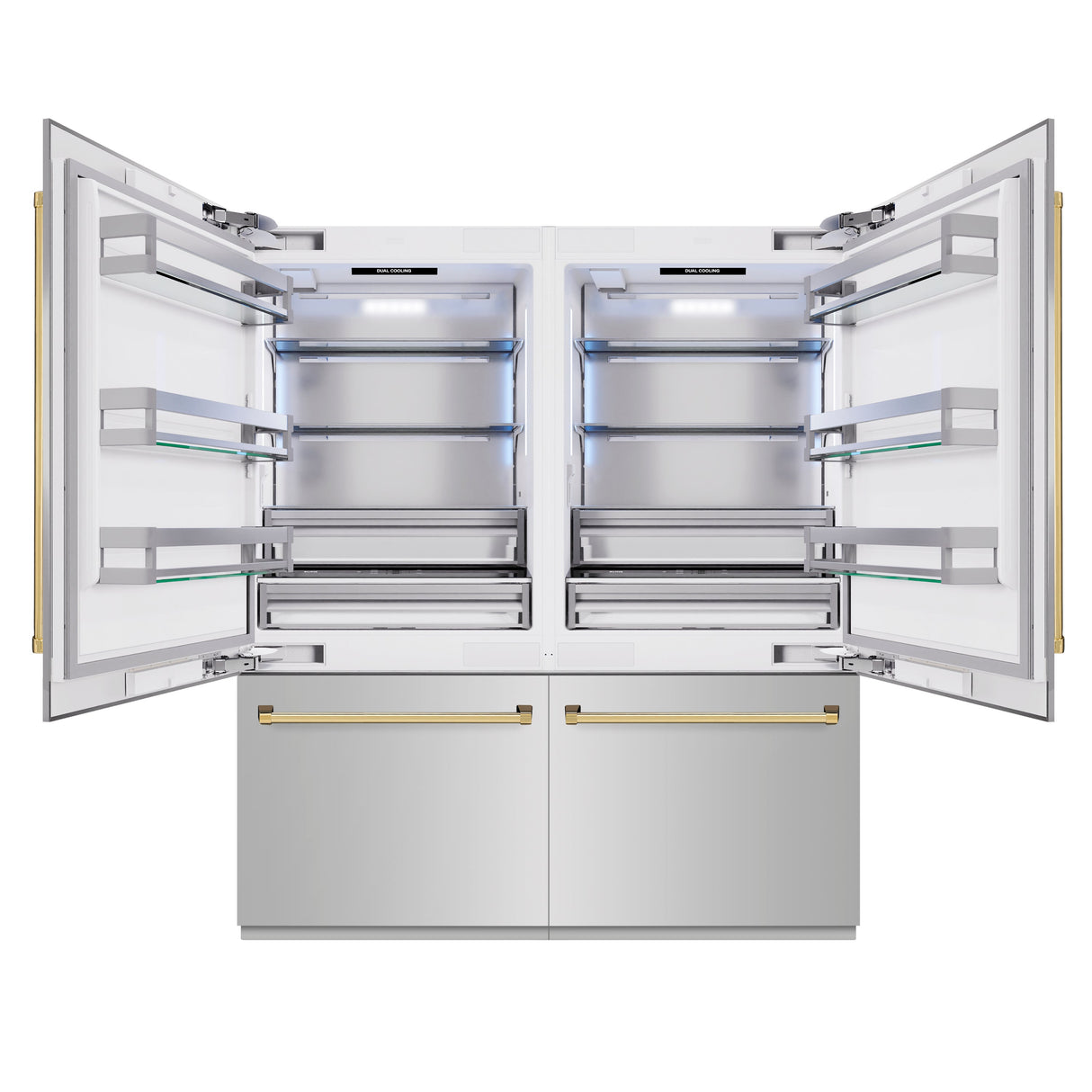ZLINE Autograph Edition 72 in. 39.6 cu. ft. French Door Built-In Bottom Freezer Refrigerator with Water Dispensers and Ice Makers in Stainless Steel with Polished Gold Accents (RBITZ-304-72G)